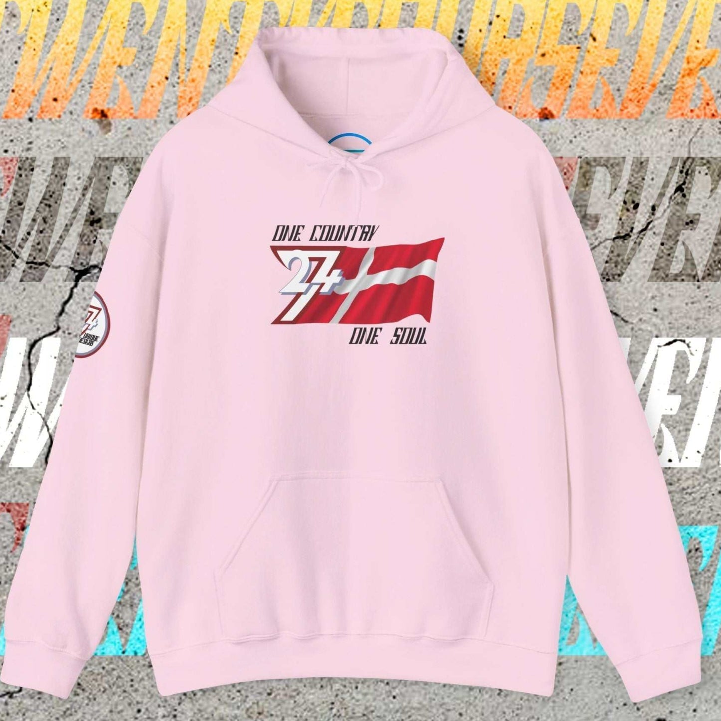 Light Pink heavyweight Danmark hoodie with sophisticated hand-drawn flag lines.