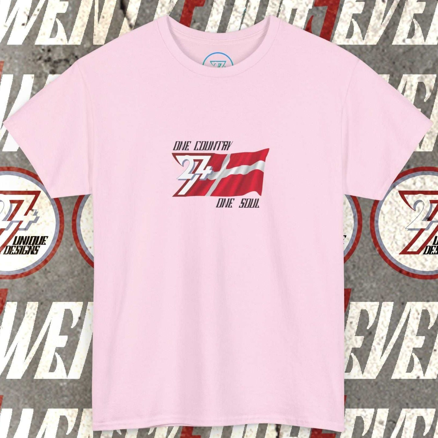 Artistic front shot of the Light Pink Denmark flag tee highlighting the clean hand-drawn lines.
