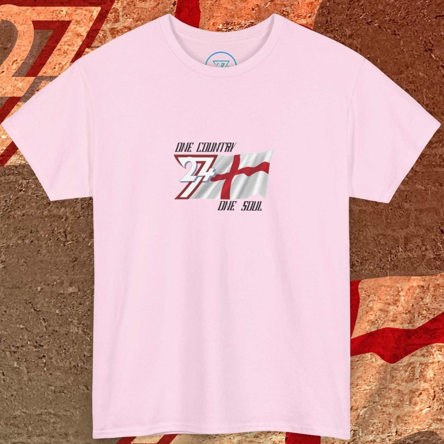 Artistic front shot of the Light Pink England flag tee highlighting the clean hand-drawn lines and national slogan.
