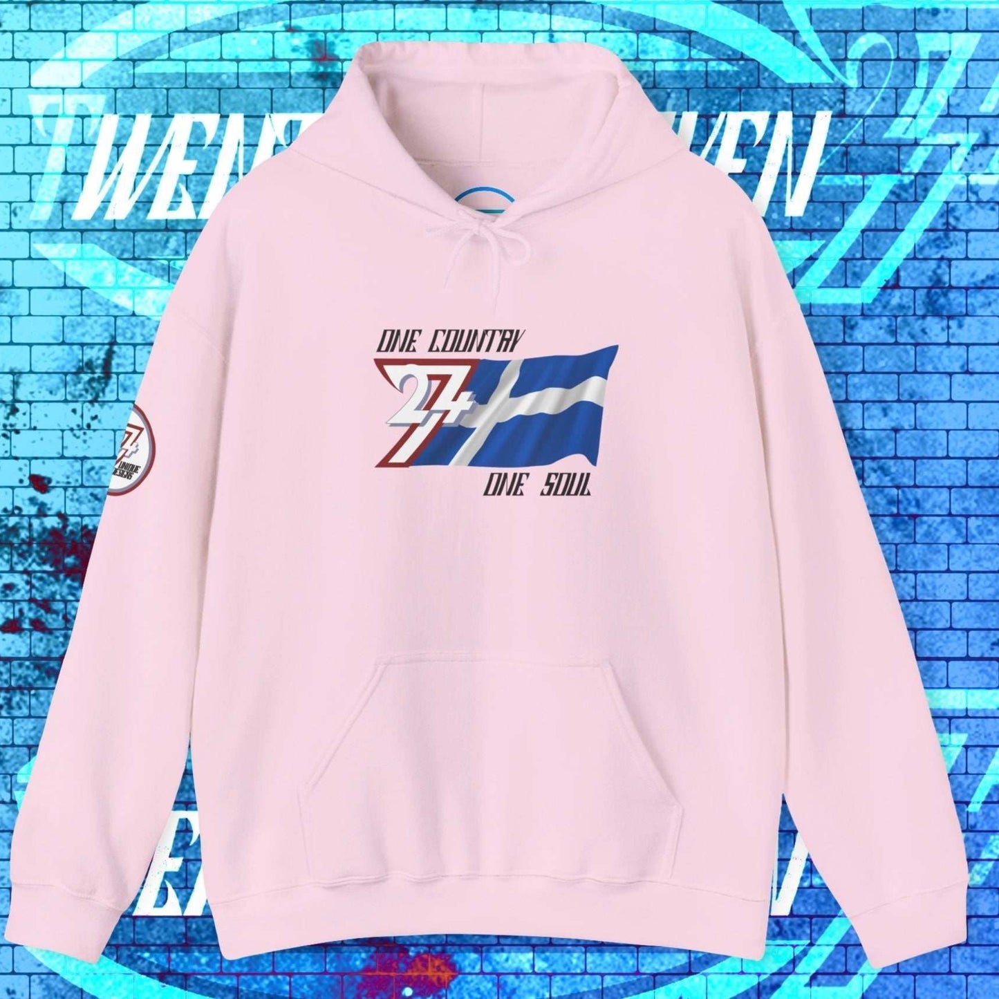 Soft Light Pink heavyweight hoodie featuring a sophisticated, hand-drawn take on the Finnish flag for a modern urban look.