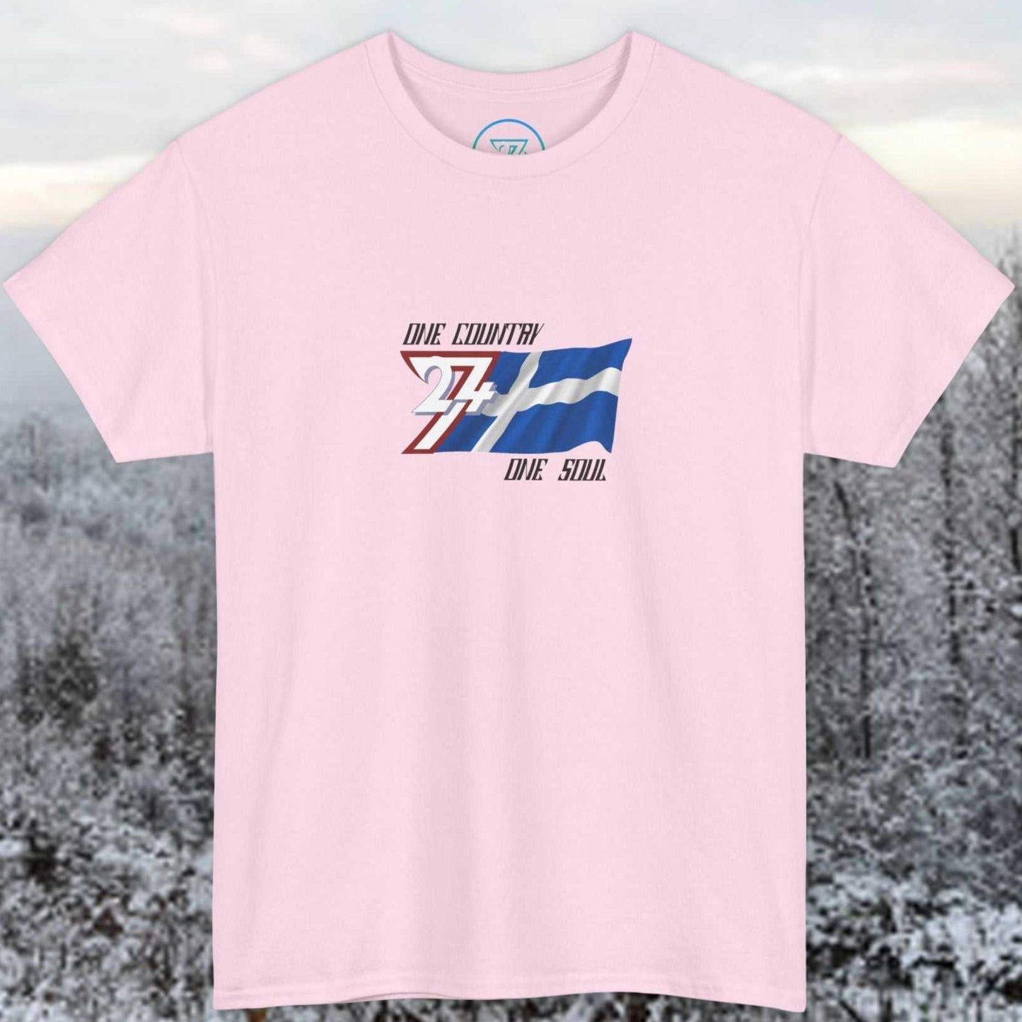 Artistic front shot of the Light Pink Finland flag tee highlighting the clean hand-drawn lines and national slogan.