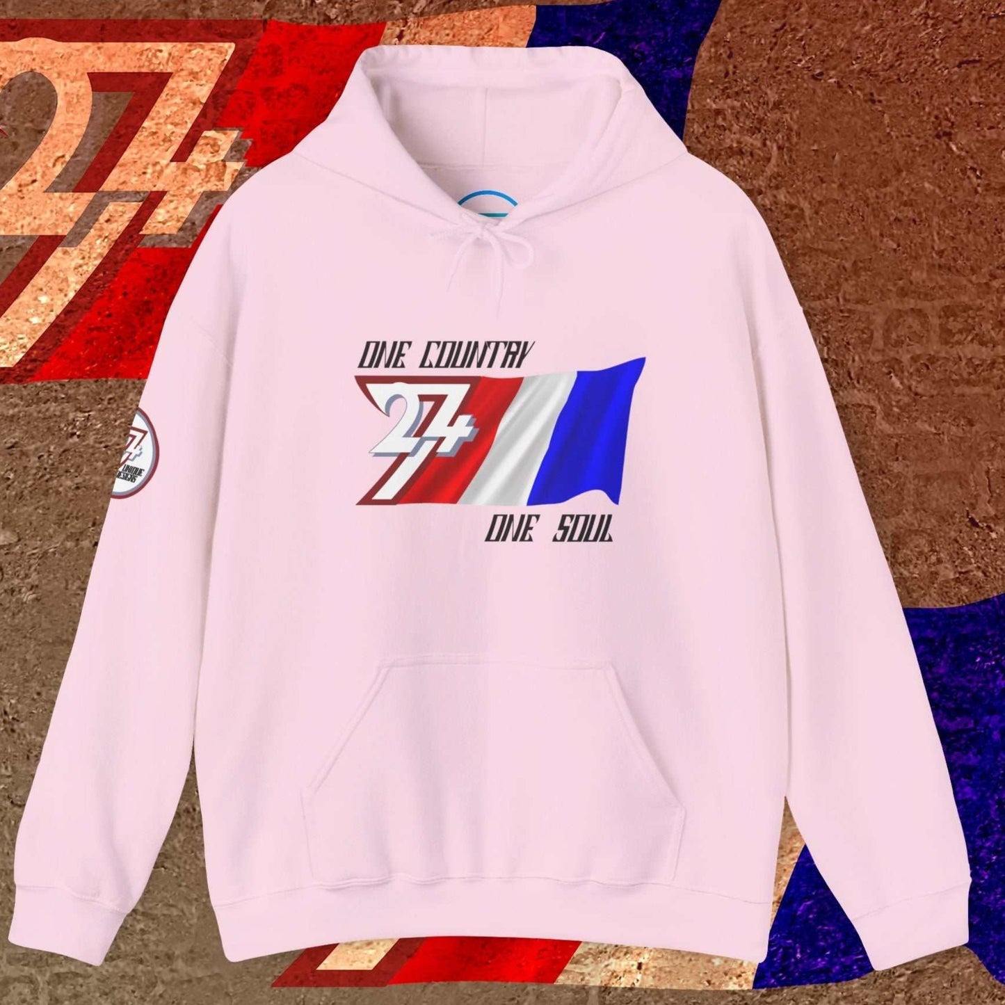 Soft Light Pink heavyweight hoodie featuring a sophisticated, hand-drawn take on the French flag for a modern look.