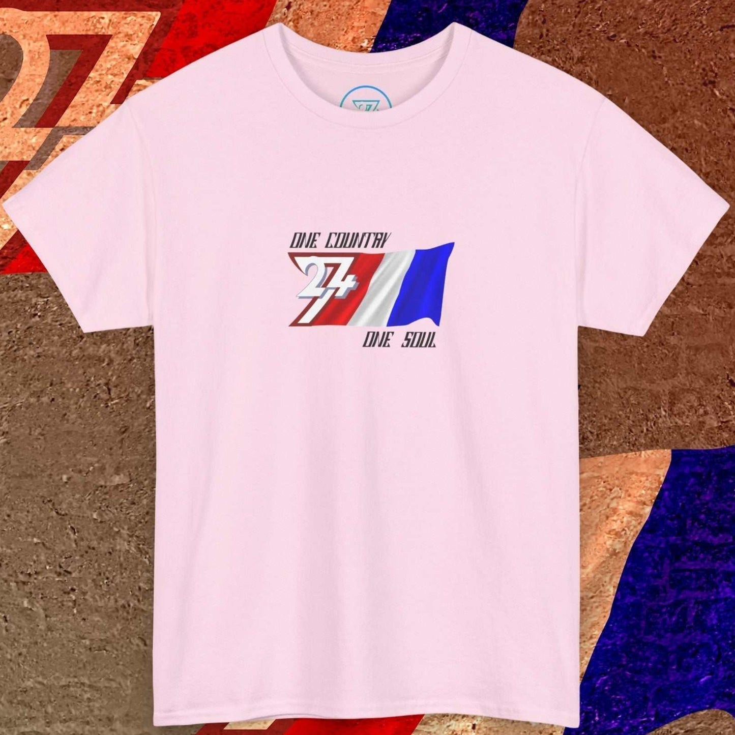 Artistic front shot of the Light Pink France flag tee highlighting the clean hand-drawn lines and national slogan.