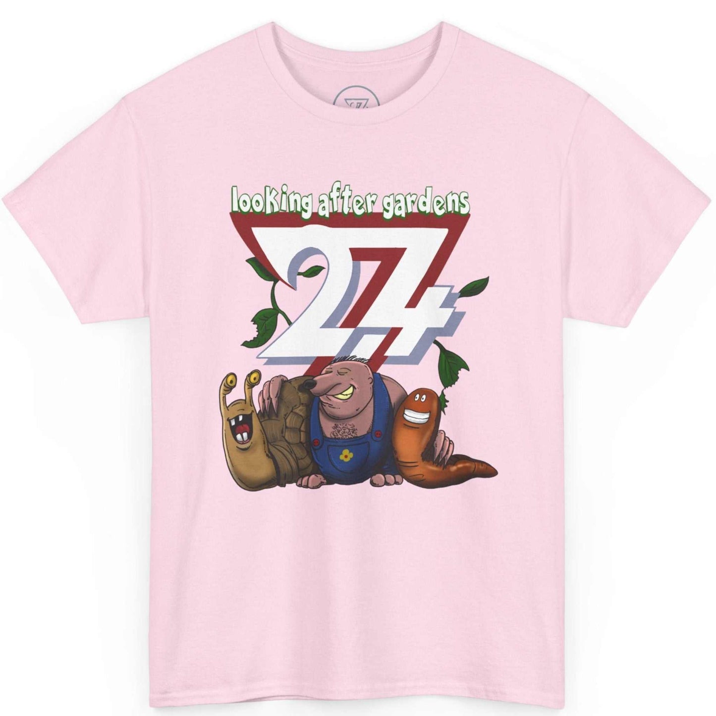 Light pink funny gardening shirt displaying the adorable snail and slug comic, laid flat.