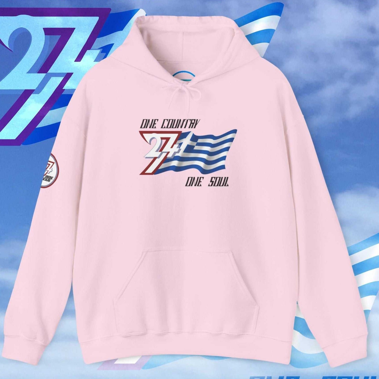 Soft Light Pink heavyweight hoodie displaying the intentional hand-drawn lines of the Greek Saltire.