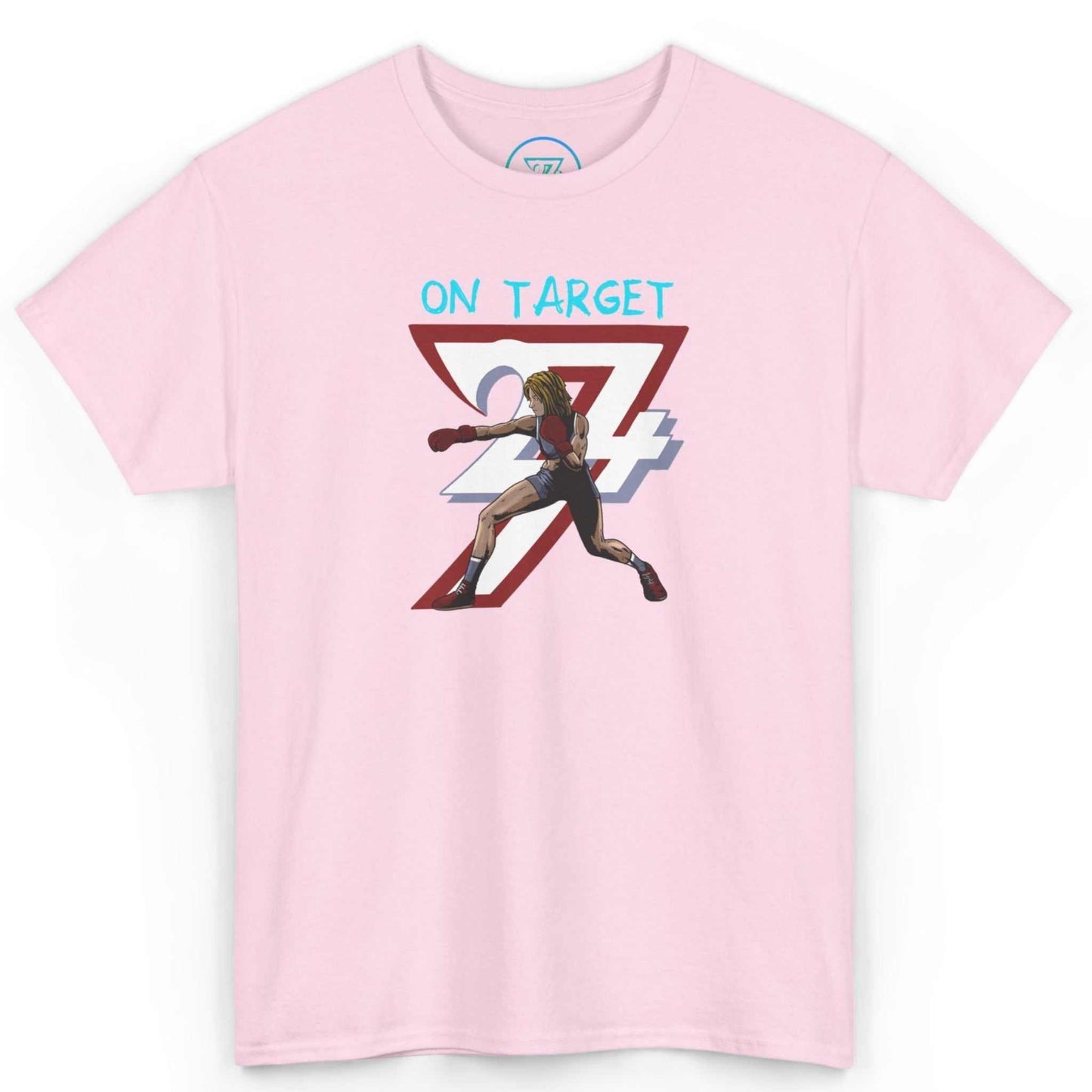 Front view of a light pink hand-drawn fighter shirt featuring the comic-style boxer graphic, laid flat on a clean background.