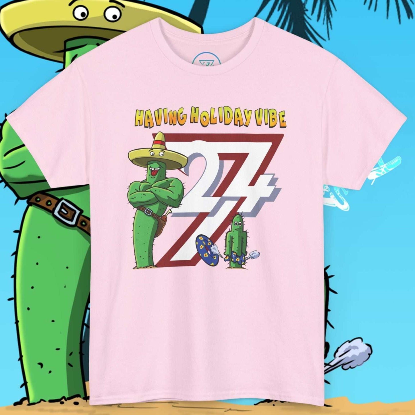 Light pink novelty summer shirt displaying an original indie cactus character design with a 24/7 logo.