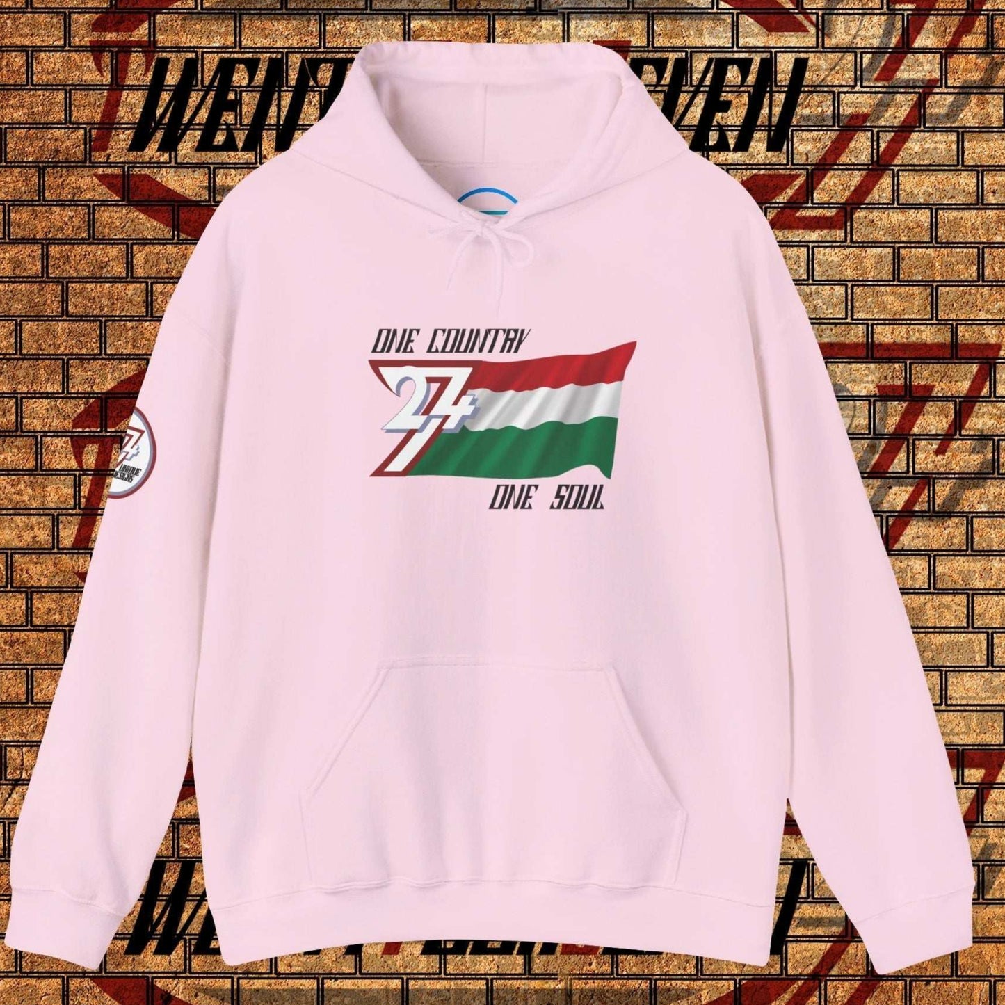 Front view of the Light Pink Magyarország "Legacy" edition hoodie highlighting the clean hand-drawn lines.