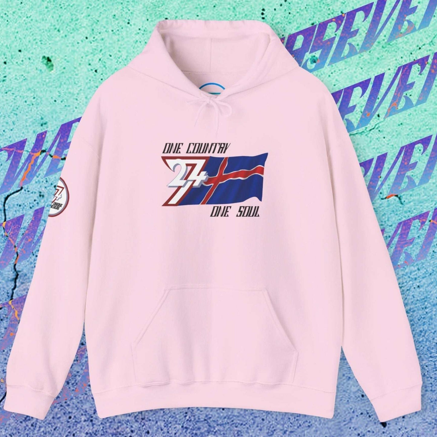 Front view of the Light Pink Ísland "Glacier" edition hoodie highlighting the clean hand-drawn lines.