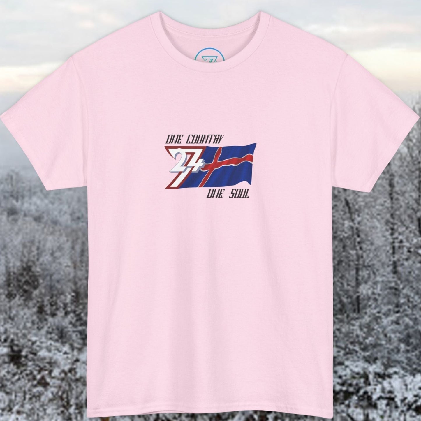 Artistic front shot of the Light Pink Iceland flag tee highlighting the clean hand-drawn lines.