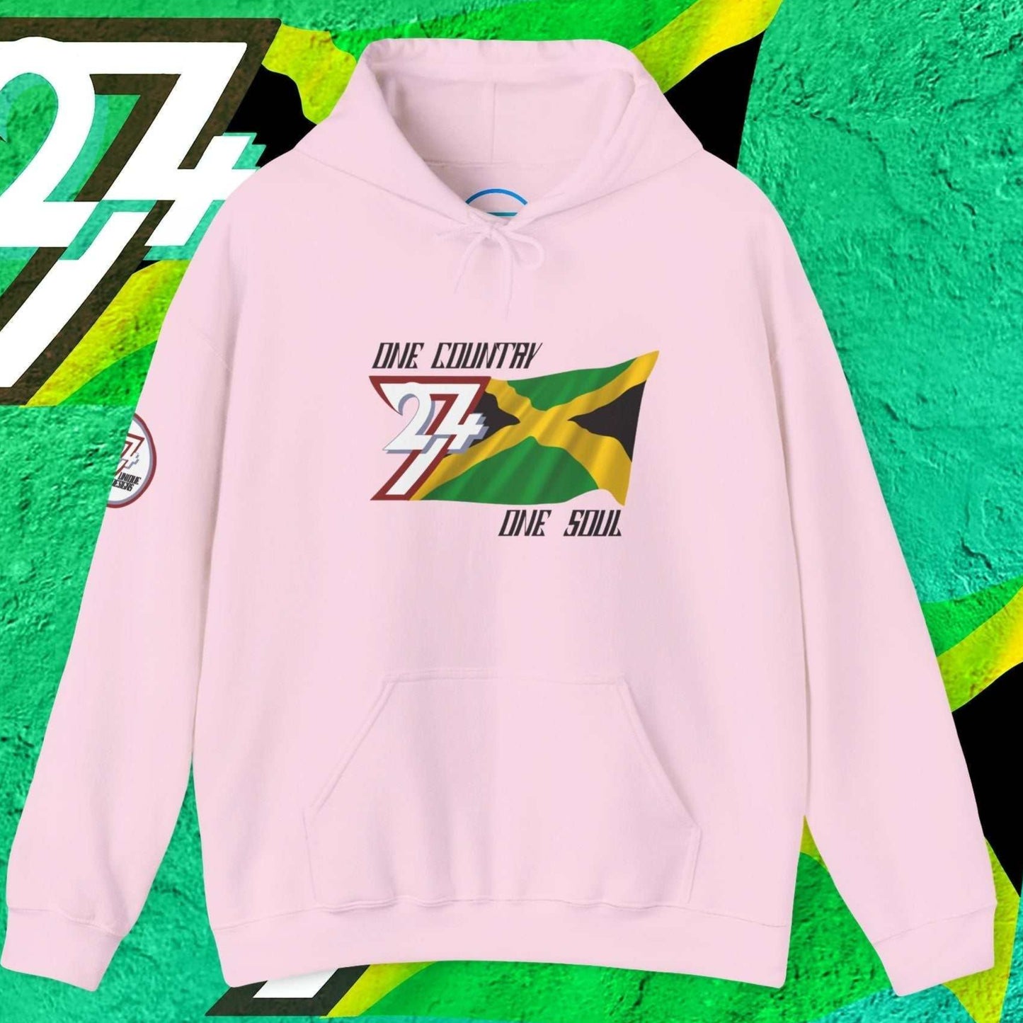 Front view of the Light Pink Jamaica "Everlasting" edition hoodie highlighting the clean hand-drawn lines.