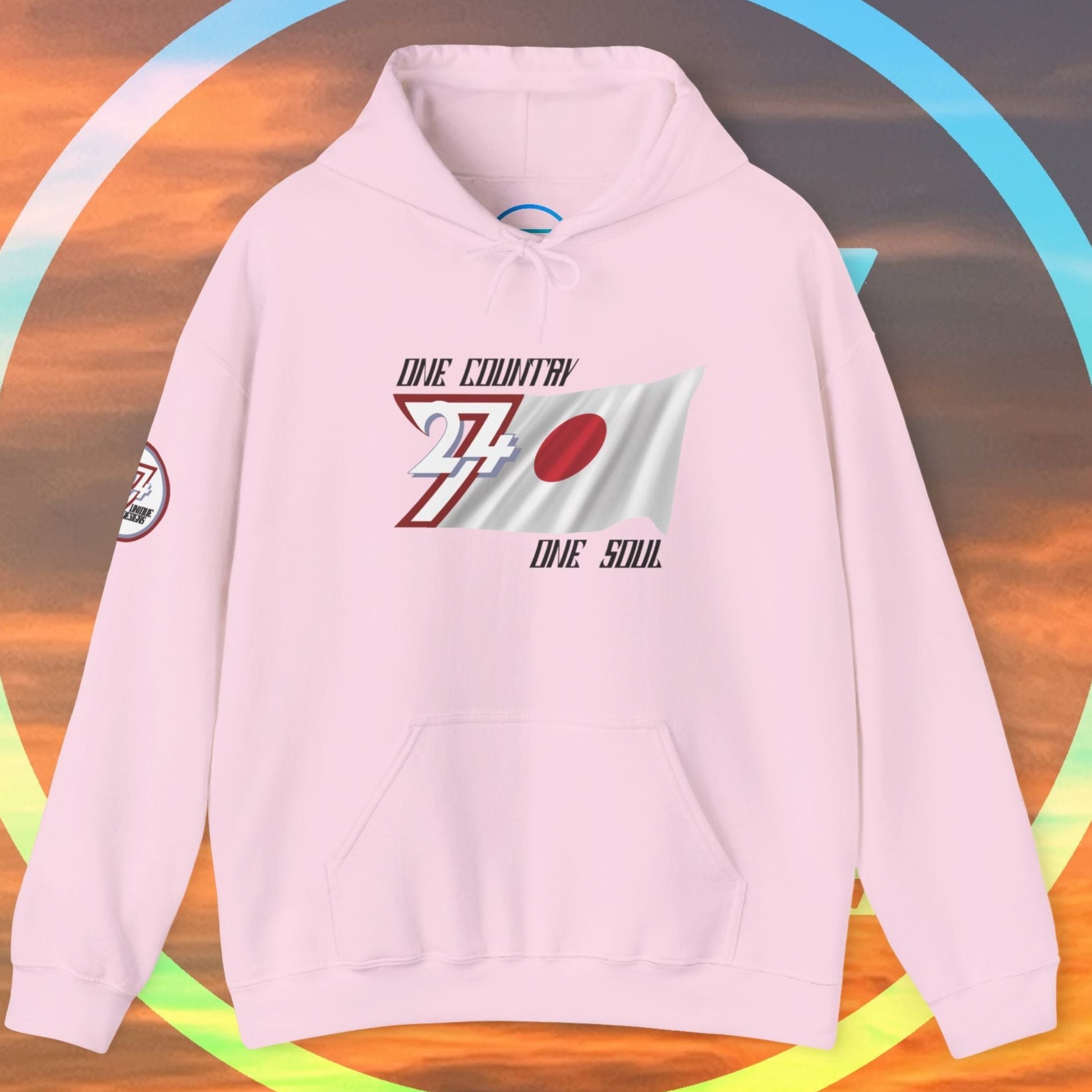 Front view of the Light Pink Nihon "Zenith" edition hoodie highlighting the clean hand-drawn lines.