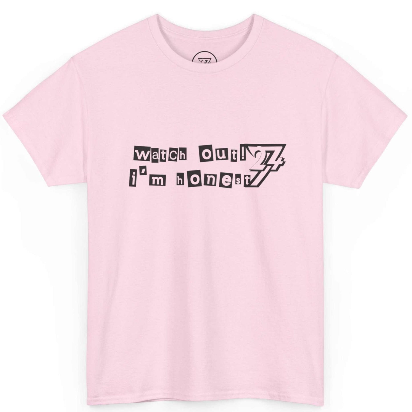 Solid light pink lighthearted party shirt with bold lettering.