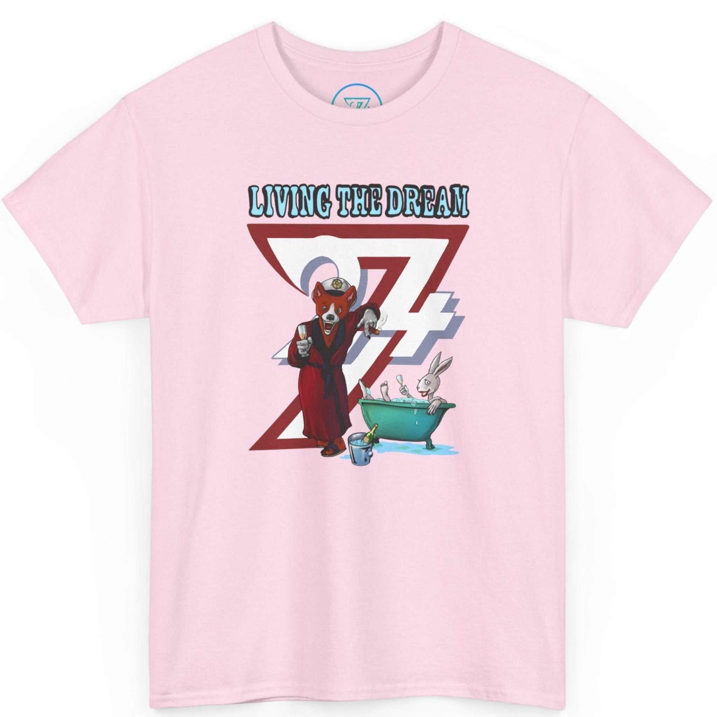 Light pink Living The Dream fox tee displaying the humorous bathtub bunny, shown on a clean background.