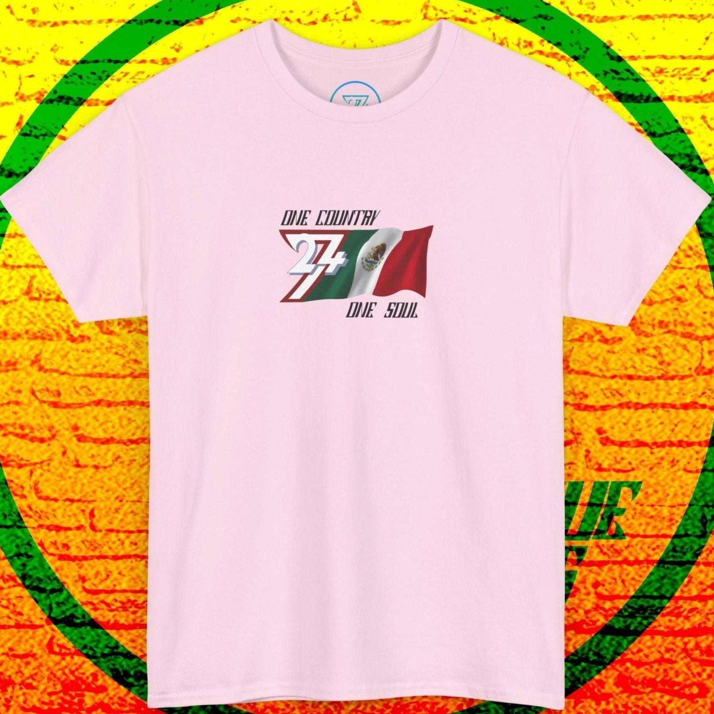 Artistic front shot of the Light Pink Mexico flag tee highlighting the clean hand-drawn lines.