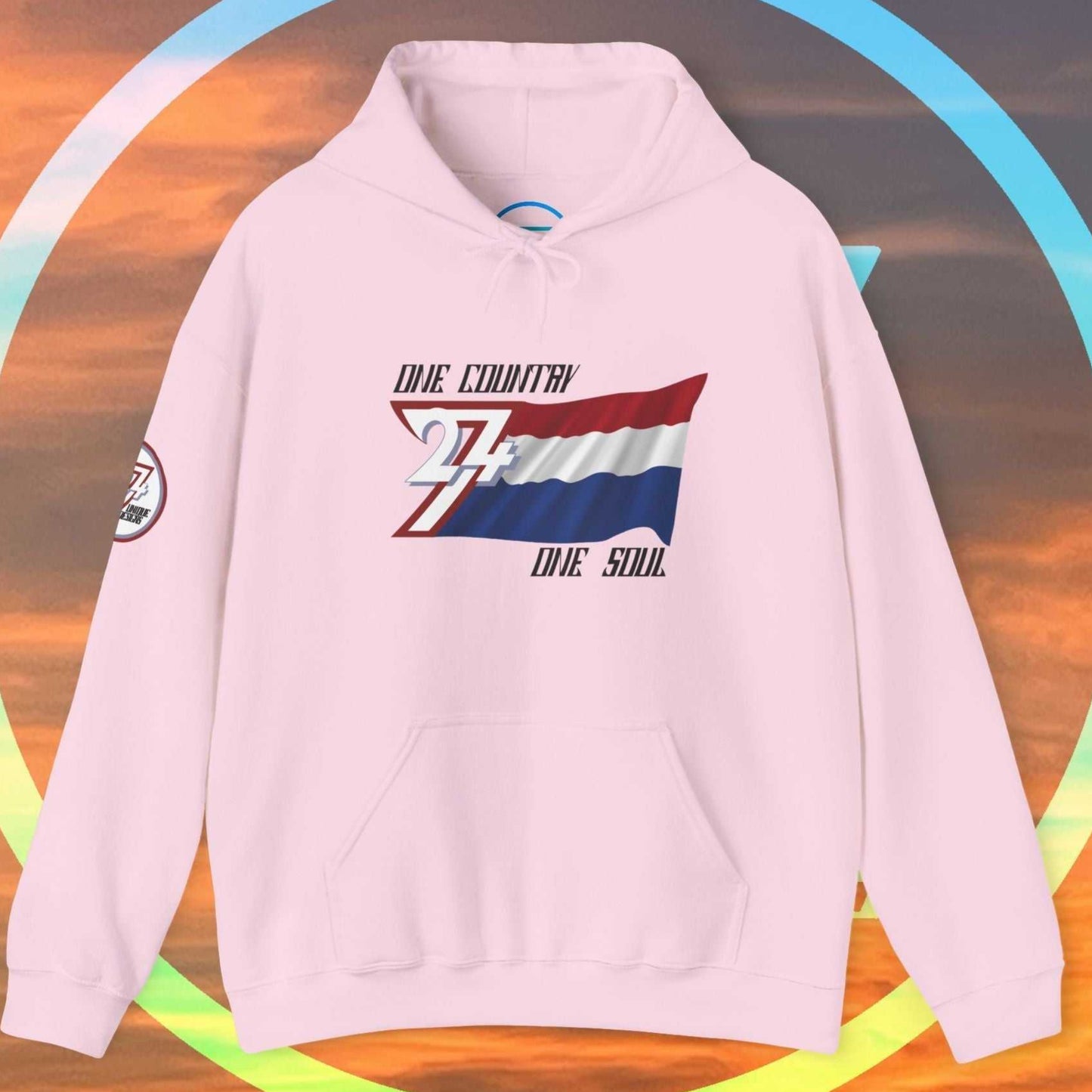 Front view of the Light Pink Nederland "Oranje" edition hoodie highlighting the clean hand-drawn lines.