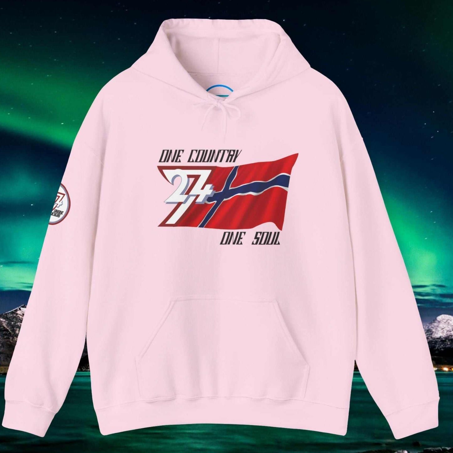Front view of the Light Pink Norge "Aurora" edition hoodie highlighting the clean hand-drawn lines.