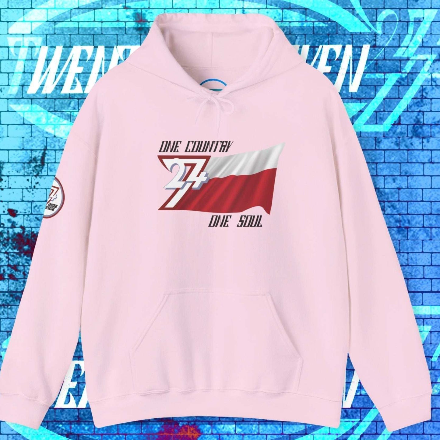 Front view of the Light Pink Polska "Unity" edition hoodie highlighting the clean hand-drawn lines.
