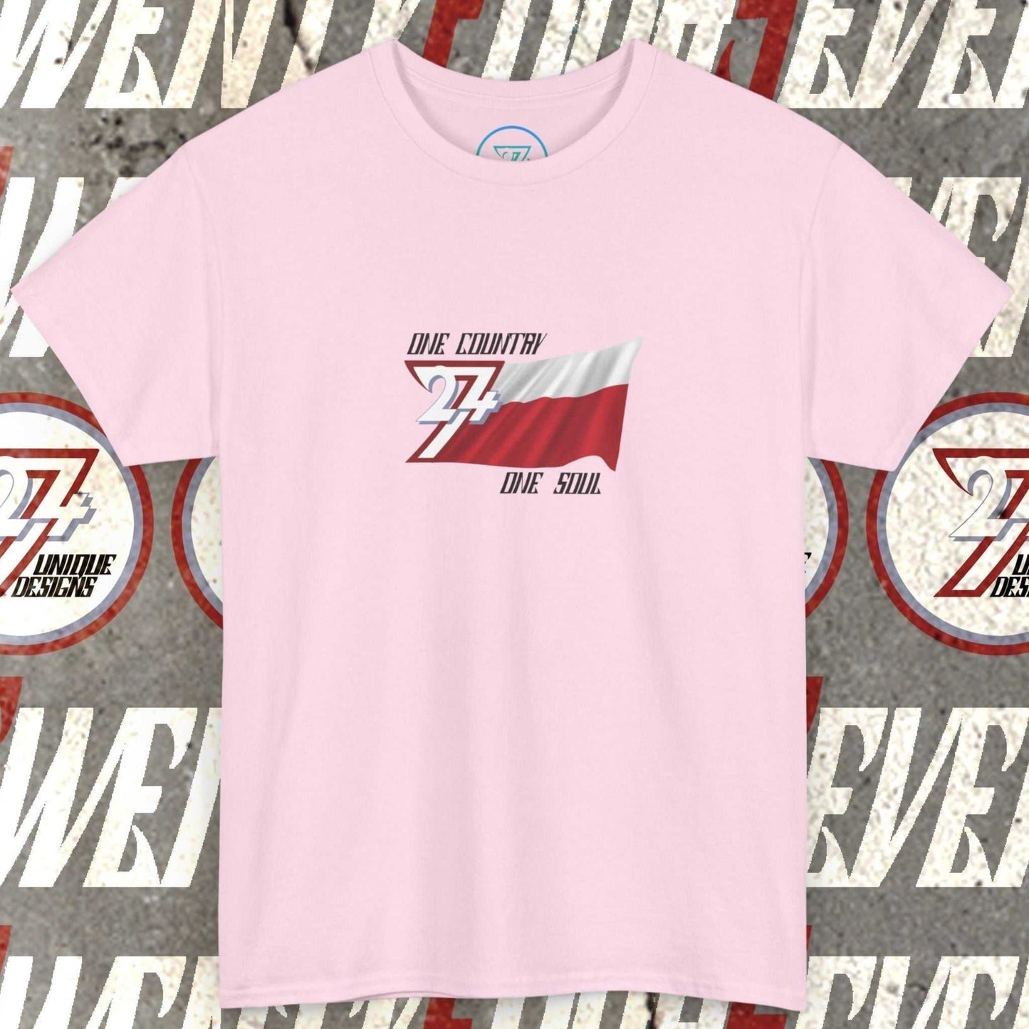 Front view of a light pink graphic t-shirt featuring a digitally hand-drawn Poland flag design.