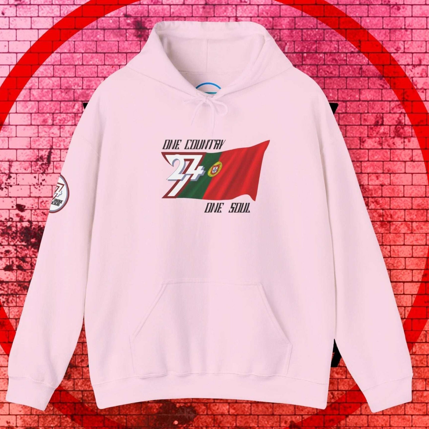 Front view of the Light Pink Portugal "Navegador" edition hoodie highlighting the clean hand-drawn lines.