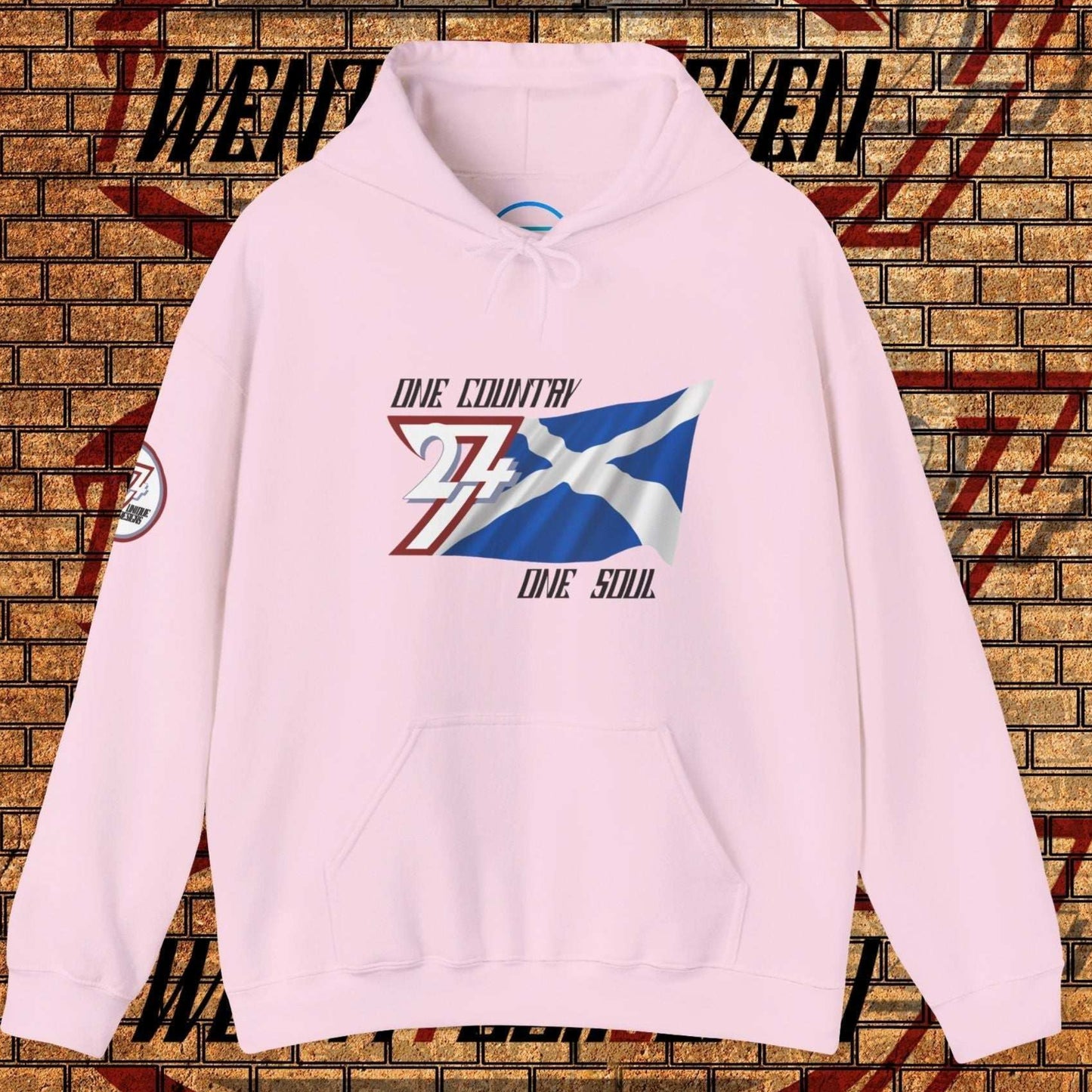 Front view of the Light Pink Alba "Highland" edition hoodie highlighting the clean hand-drawn lines.