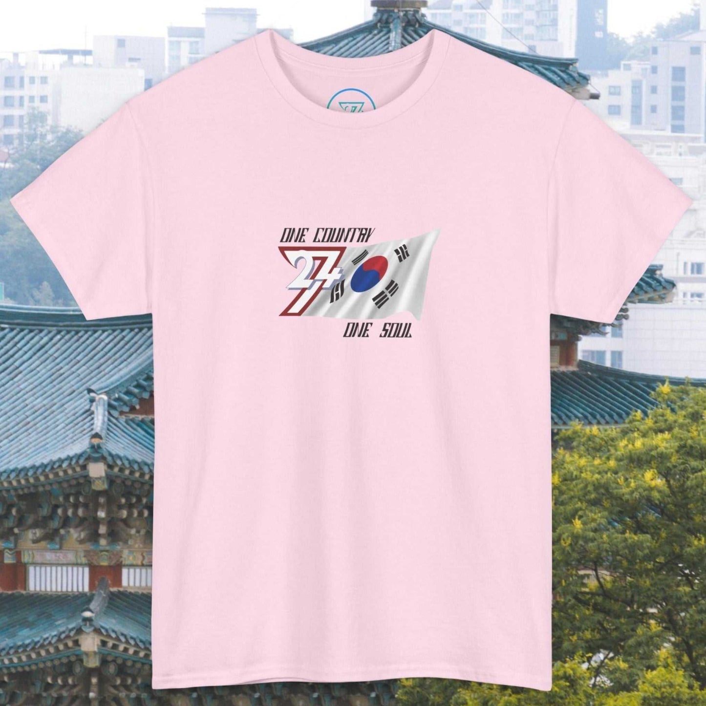 Pink South Korea Flag Graphic Tee with hand-drawn Taegeukgi design and "One Country One Soul" text, unisex fit.