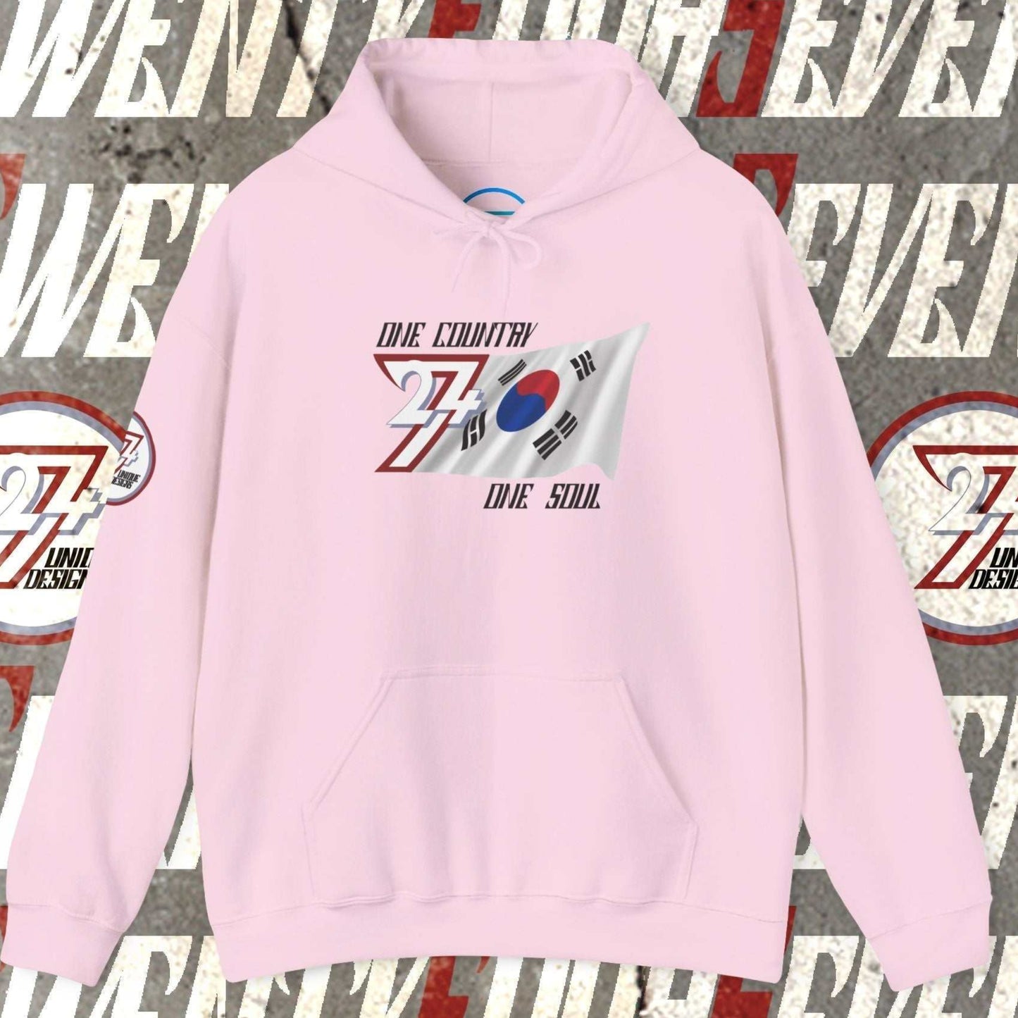 Front view of the Light Pink Daehan Minguk "Balance" edition hoodie highlighting the clean hand-drawn lines.