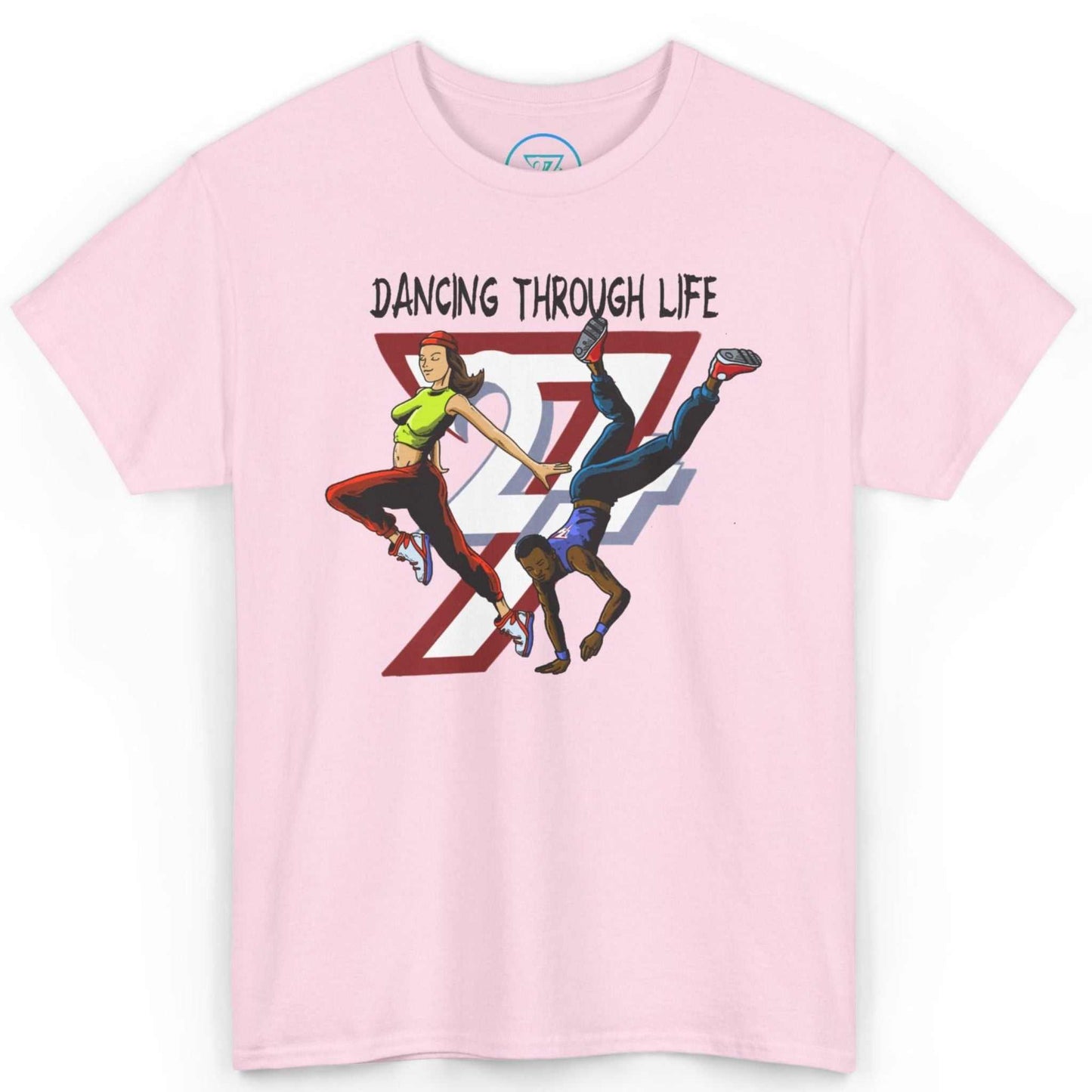 Front view of a light pink street dance group shirt highlighting the hand-illustrated crew mid-move, displayed on a clean background.