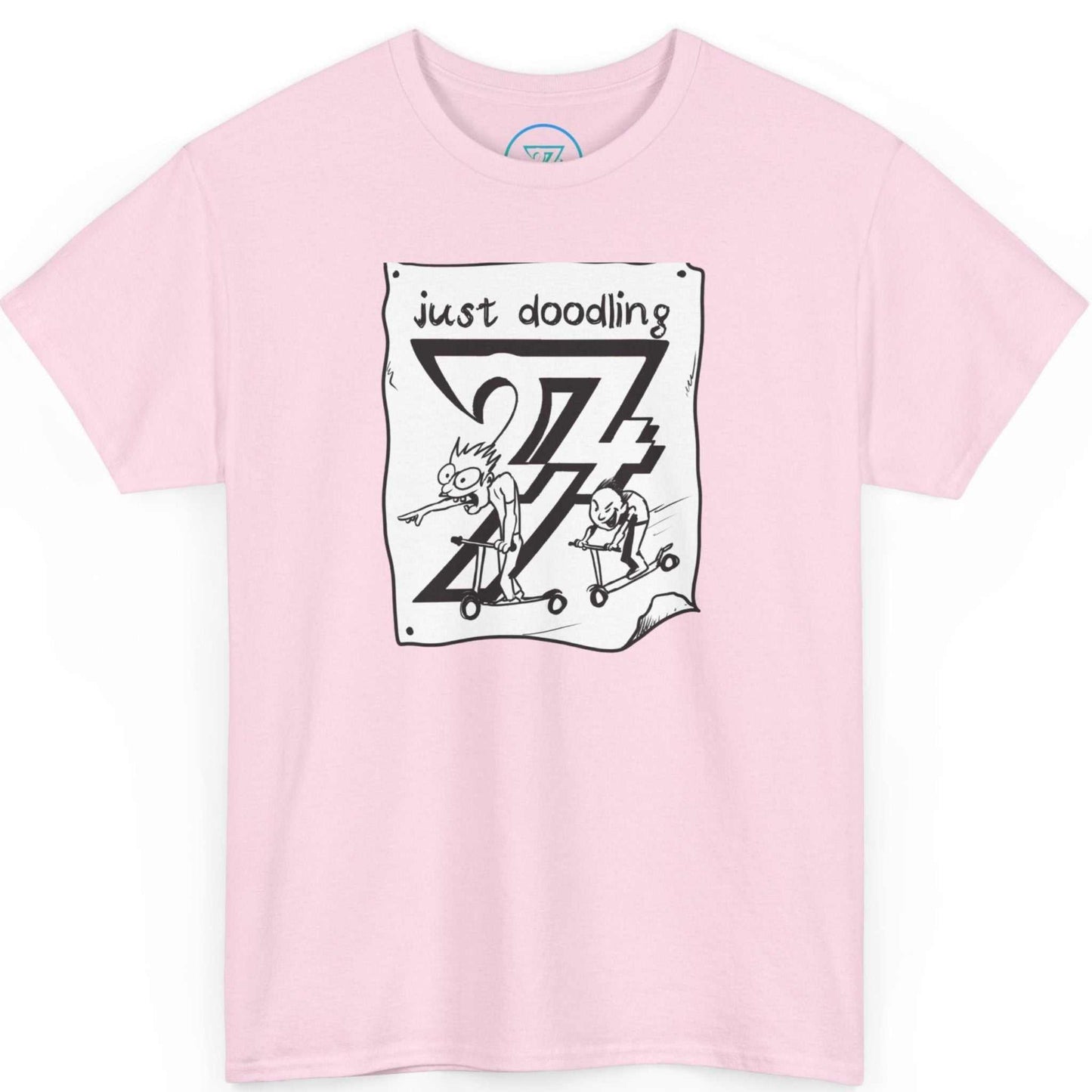 Soft light pink teen graphic tee displaying the playful notebook doodle design, shown on a clean background.
