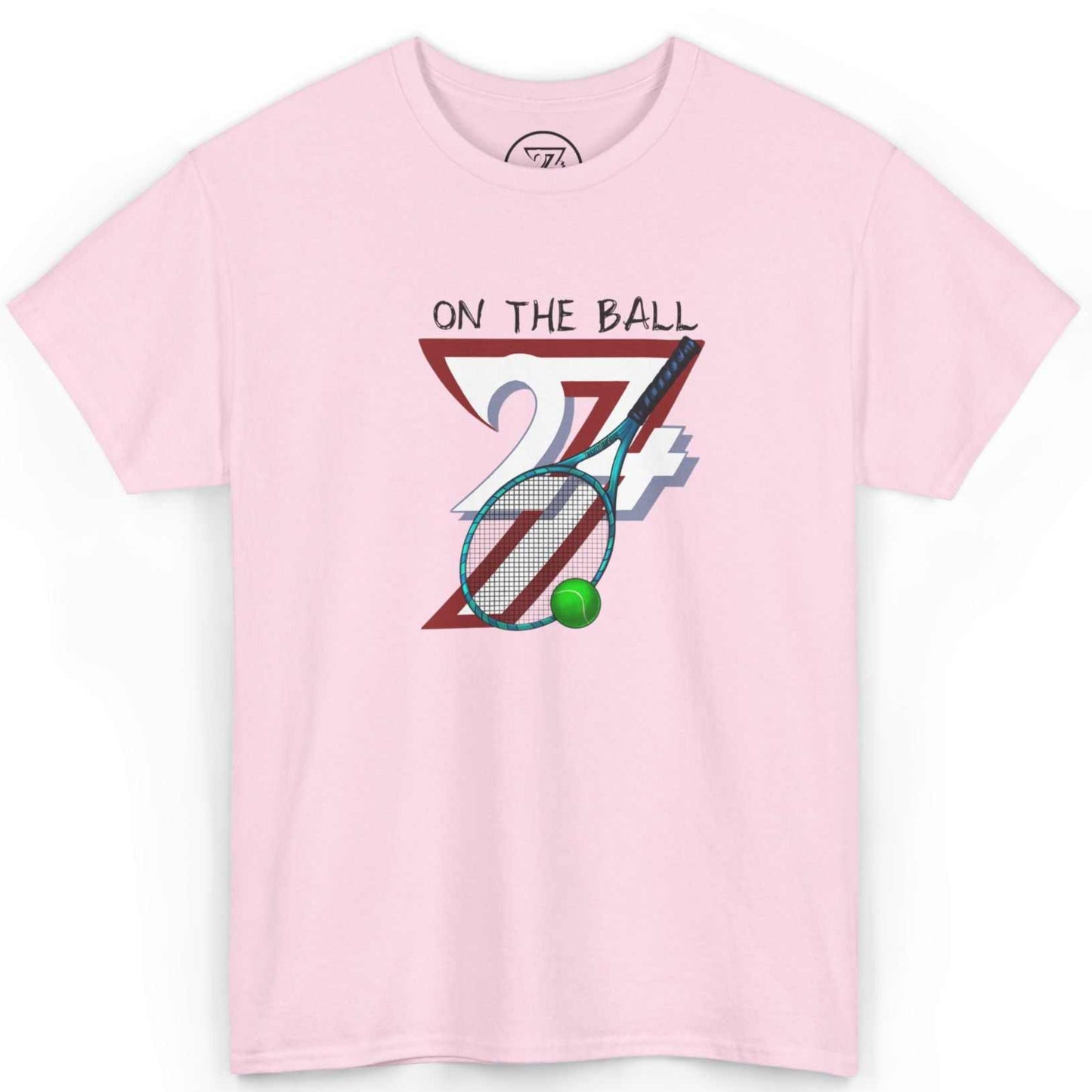 Front view of a light pink tennis club apparel tee showcasing the retro 90s 24/7 sports graphic, displayed on a clean background.