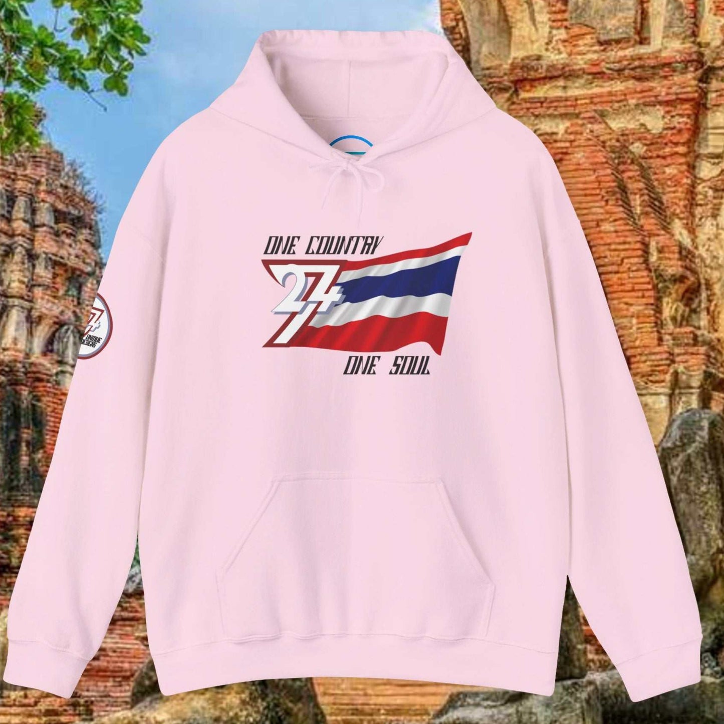 Front view of the Light Pink Thailand "Spirit" edition hoodie highlighting the clean hand-drawn lines.