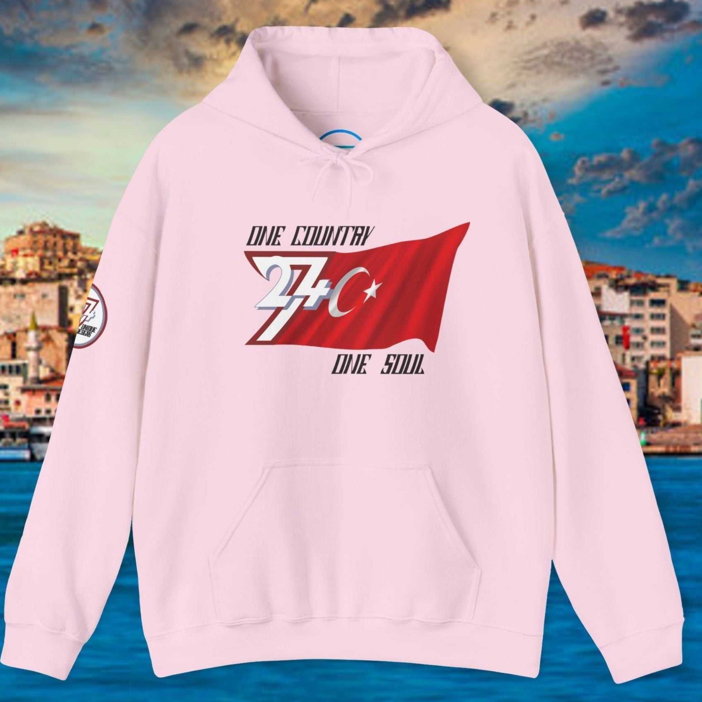 Front view of the Light Pink Türkiye "Crescent" edition hoodie highlighting the clean hand-drawn lines.