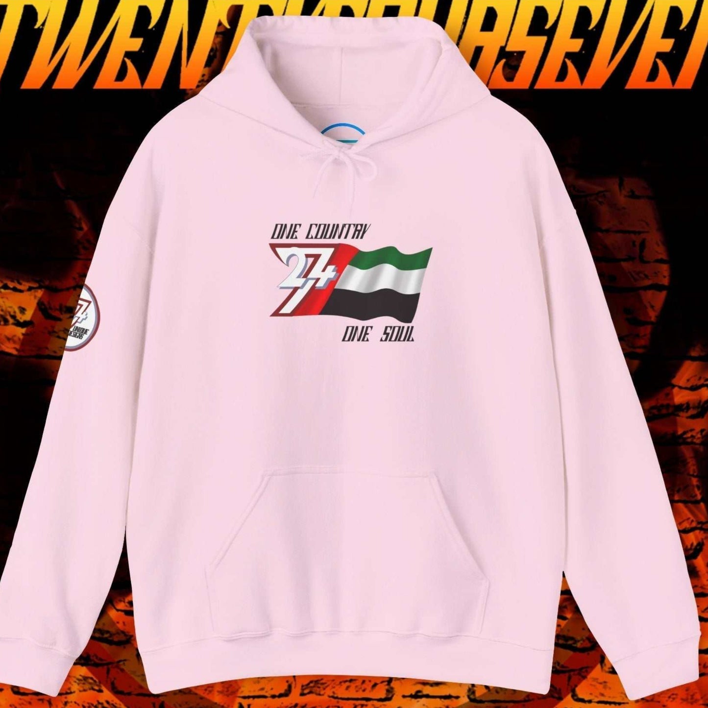 Front view of the Light Pink UAE "Vision" edition hoodie highlighting the clean hand-drawn lines.