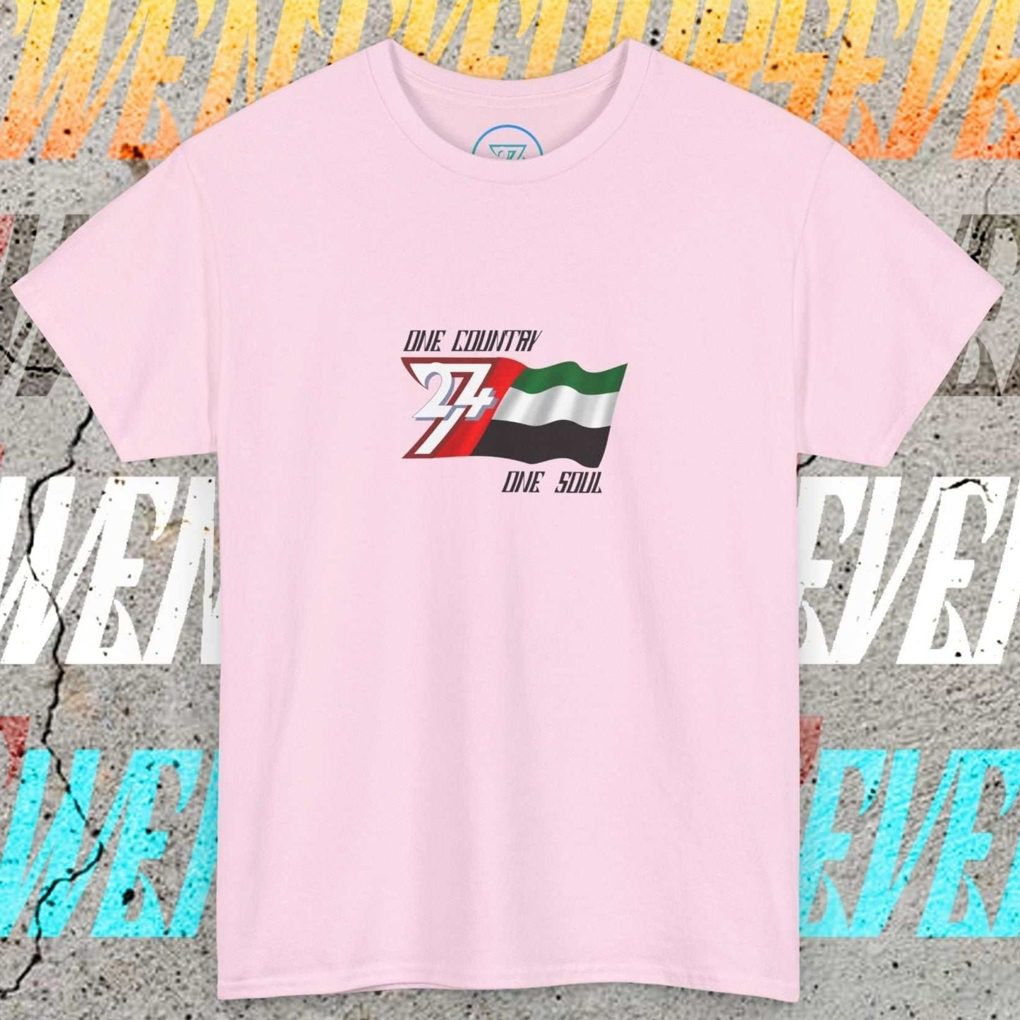 Artistic front shot of the Light Pink UAE flag tee highlighting the clean hand-drawn lines.