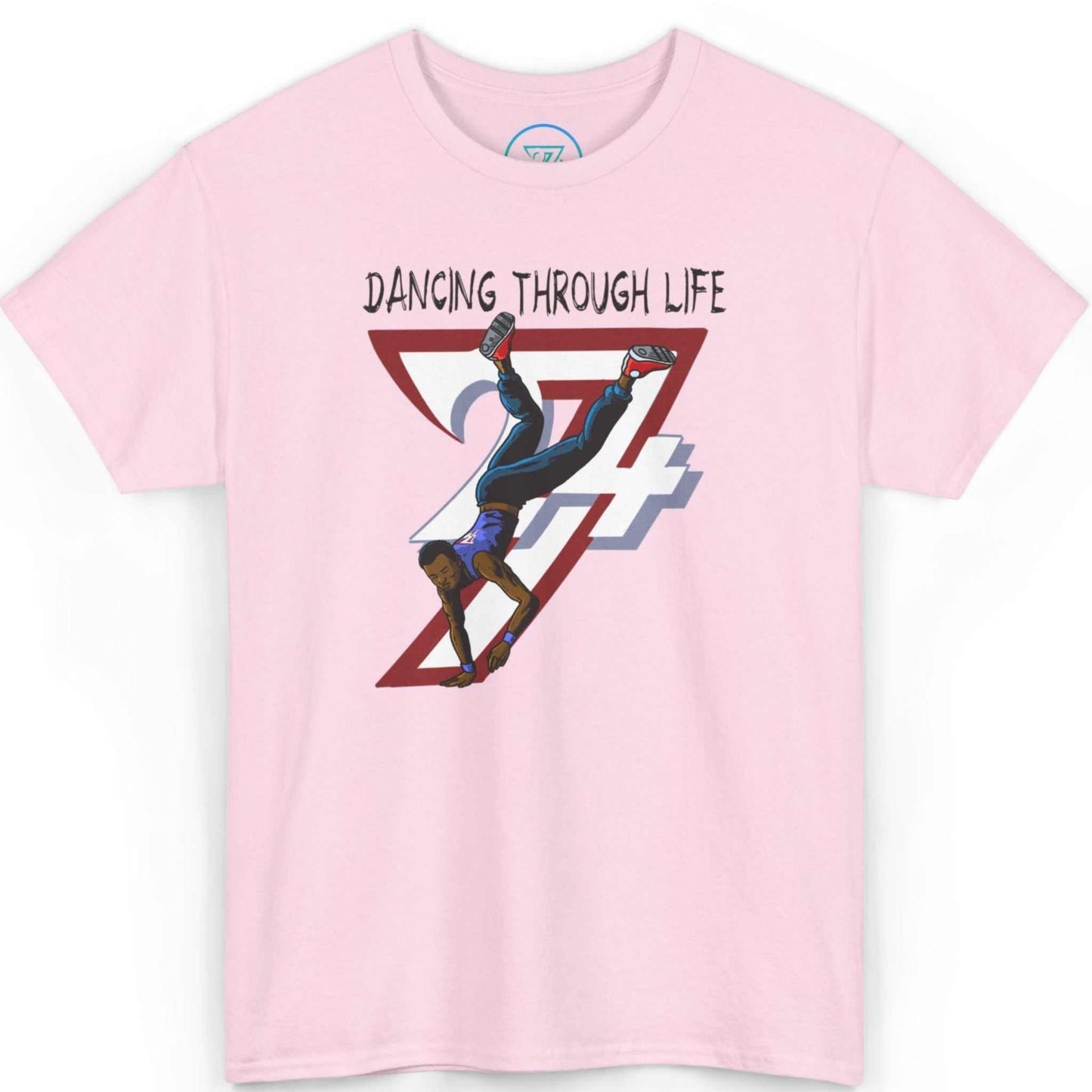 Front view of a light pink urban streetwear t-shirt highlighting the b-boy freeze graphic, displayed on a clean background.
