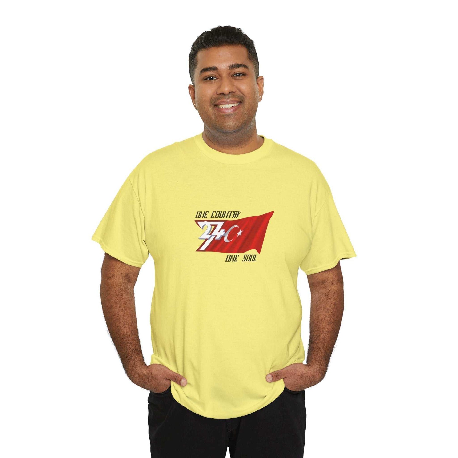 Man wearing yellow Türkiye Flag Graphic T-Shirt with hand-drawn red flag design and text on front