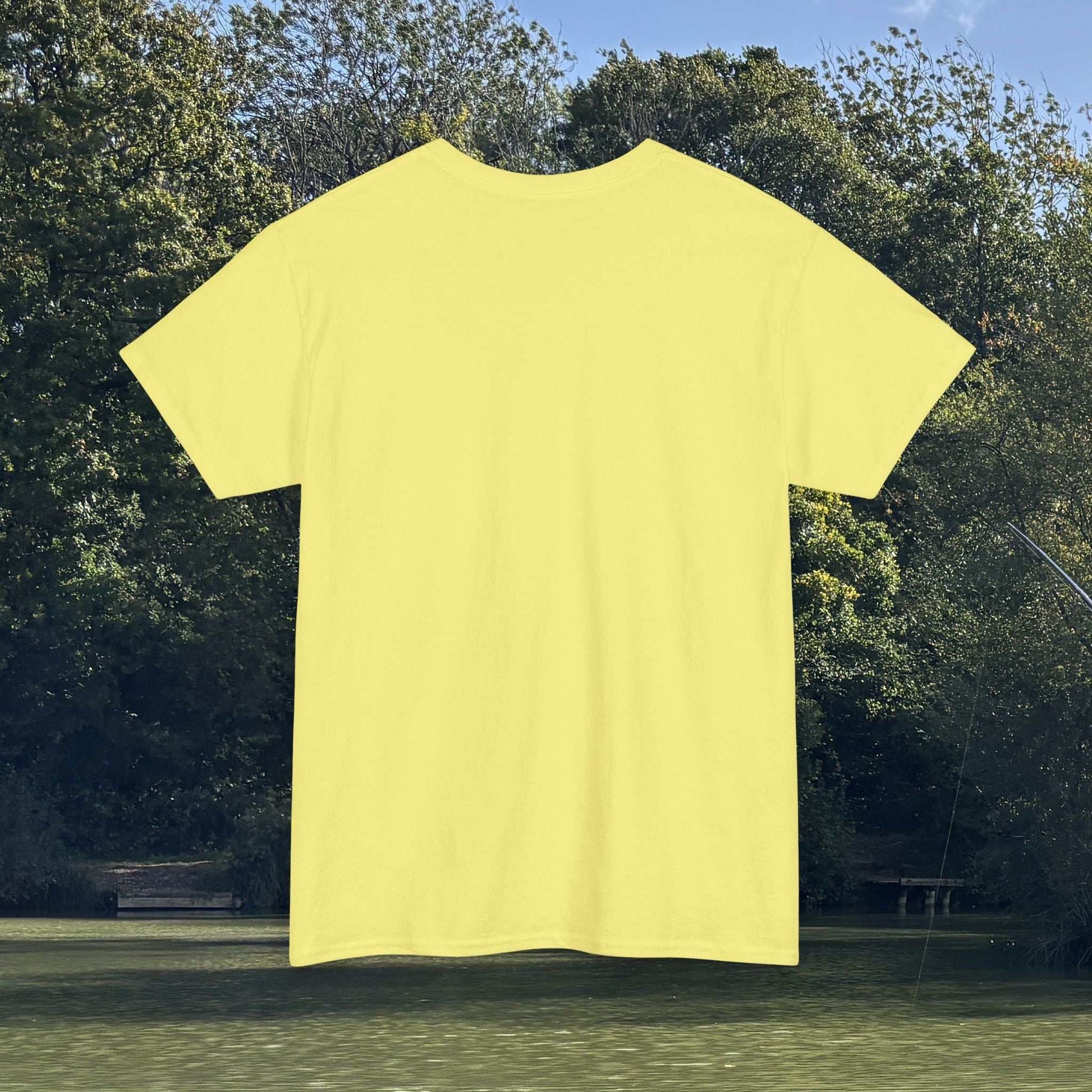 Back view of a blank light yellow classic fit 100% cotton t-shirt.