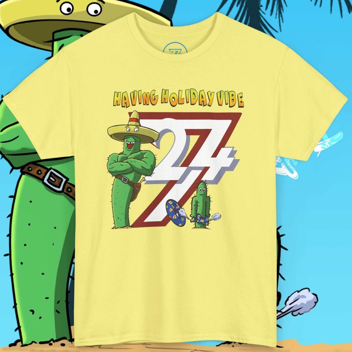 Light yellow funny graphic t-shirt showing Leonando and Littleaondo having a holiday vibe.
