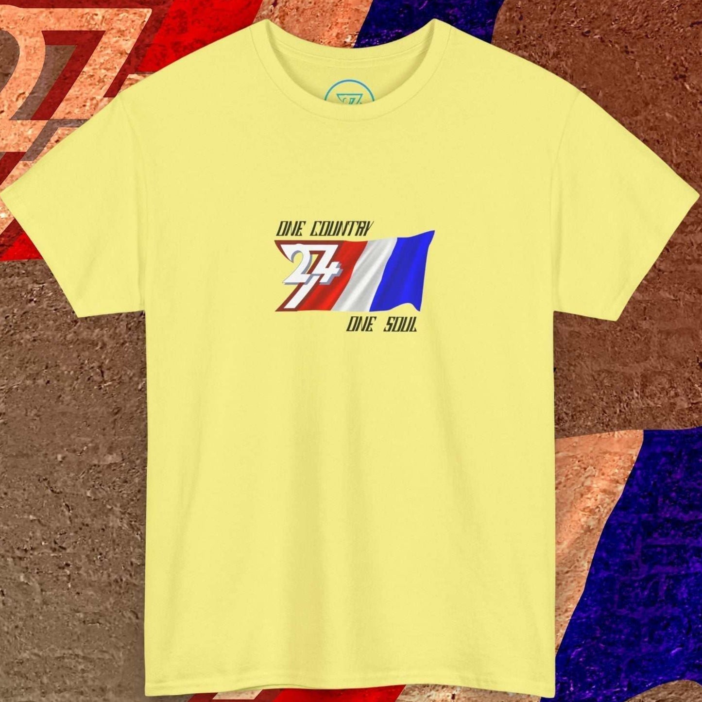 Complete front-on display of the Cornsilk France heritage t-shirt with the hand-drawn flag.