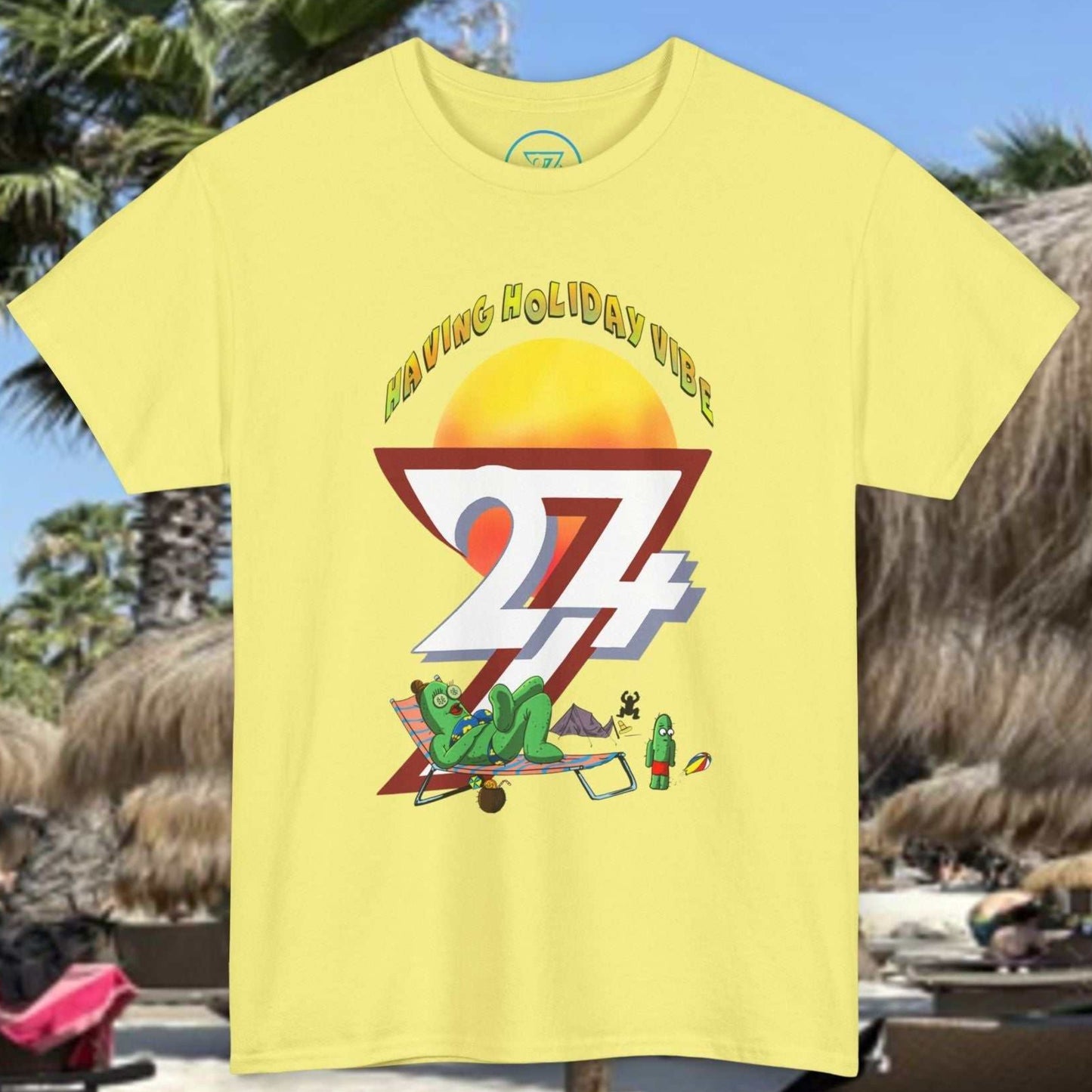 Light yellow matching family vacation shirt displaying a hand-drawn camping disaster graphic.