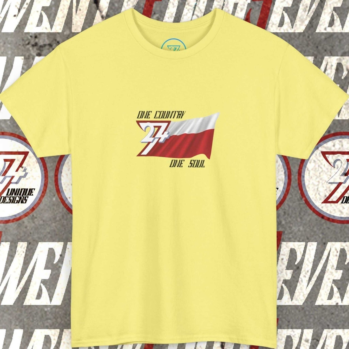 Front view of a light yellow Poland graphic t-shirt featuring a digitally hand-drawn Poland flag design.