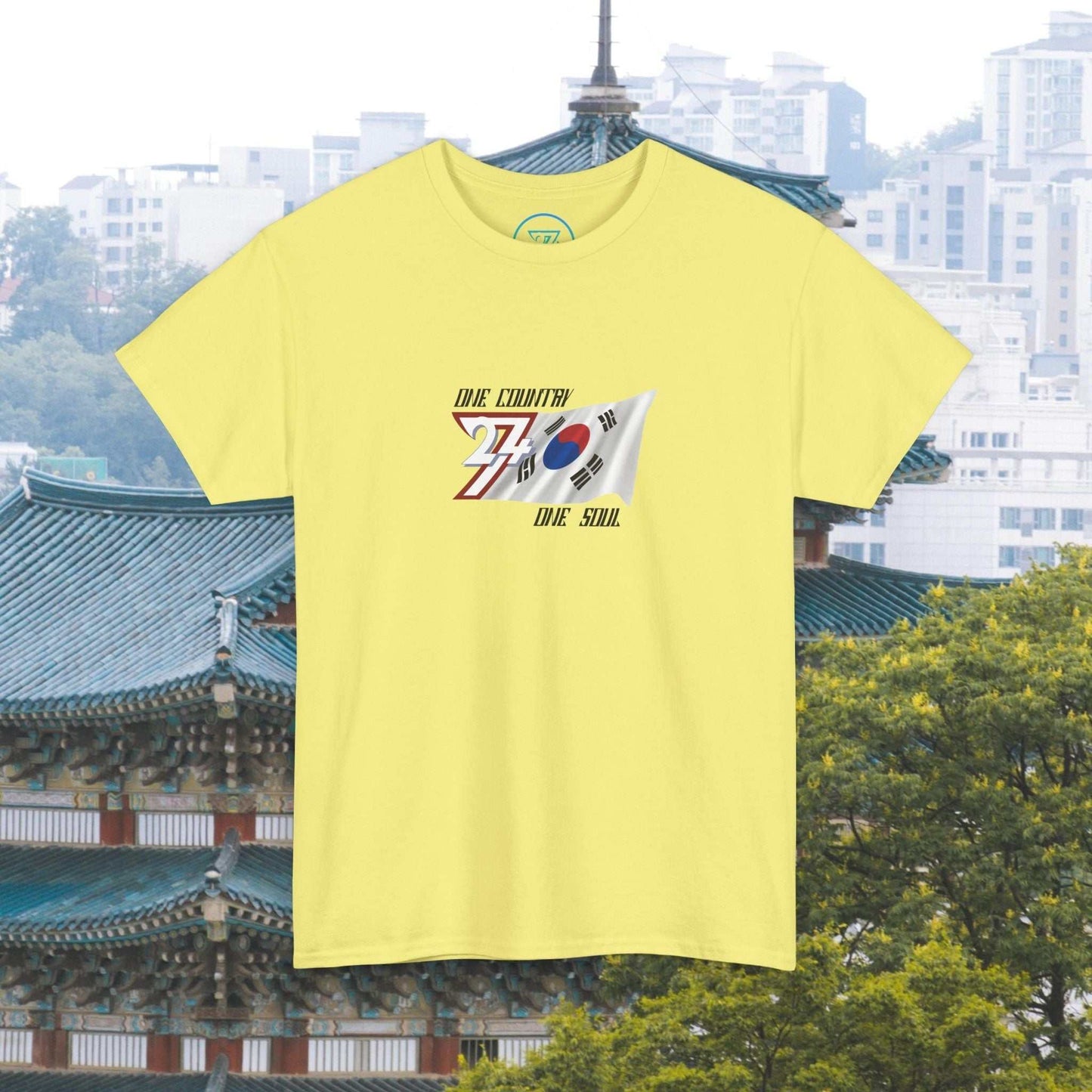 Yellow South Korea Flag Graphic Tee with hand-drawn Taegeukgi design by independent artist, unisex fit, premium cotton