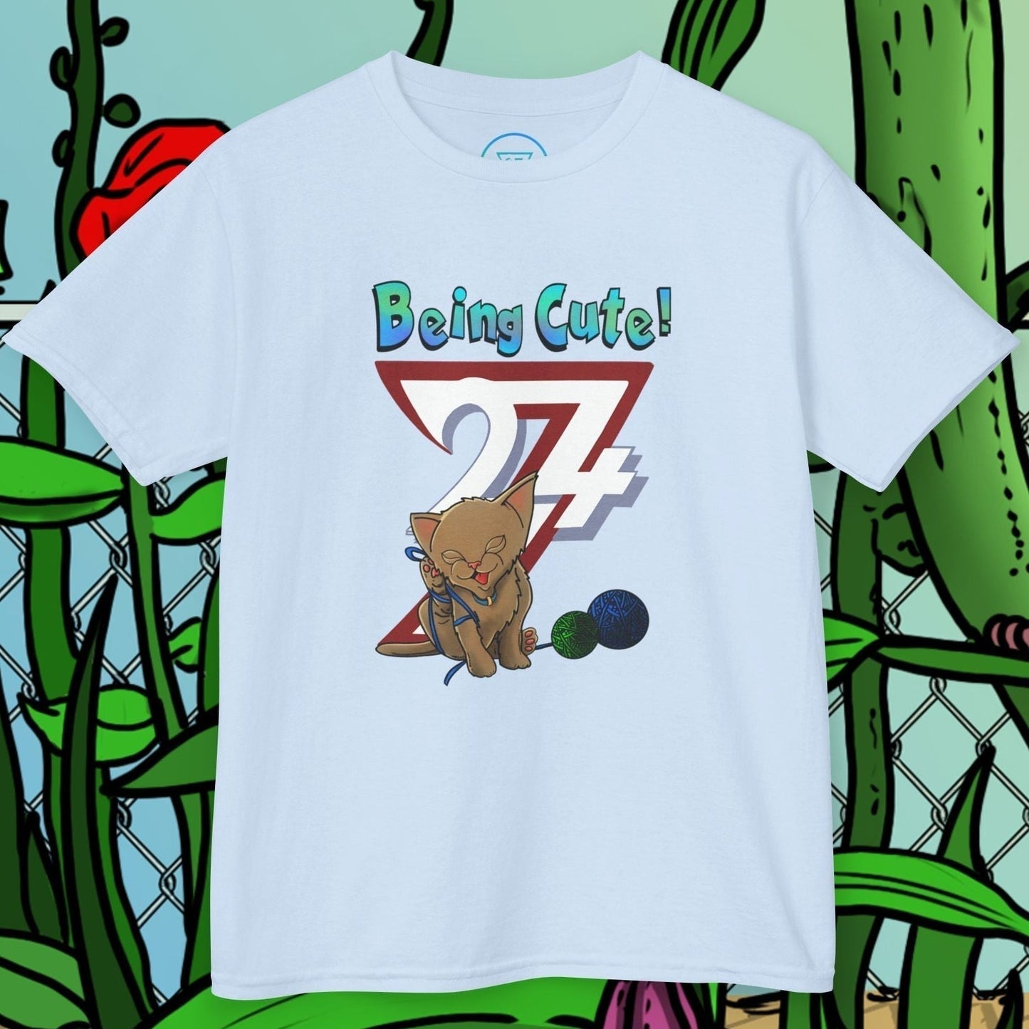 Kids T-Shirt in Light Blue with the human-made kitten and yarn drawing.
