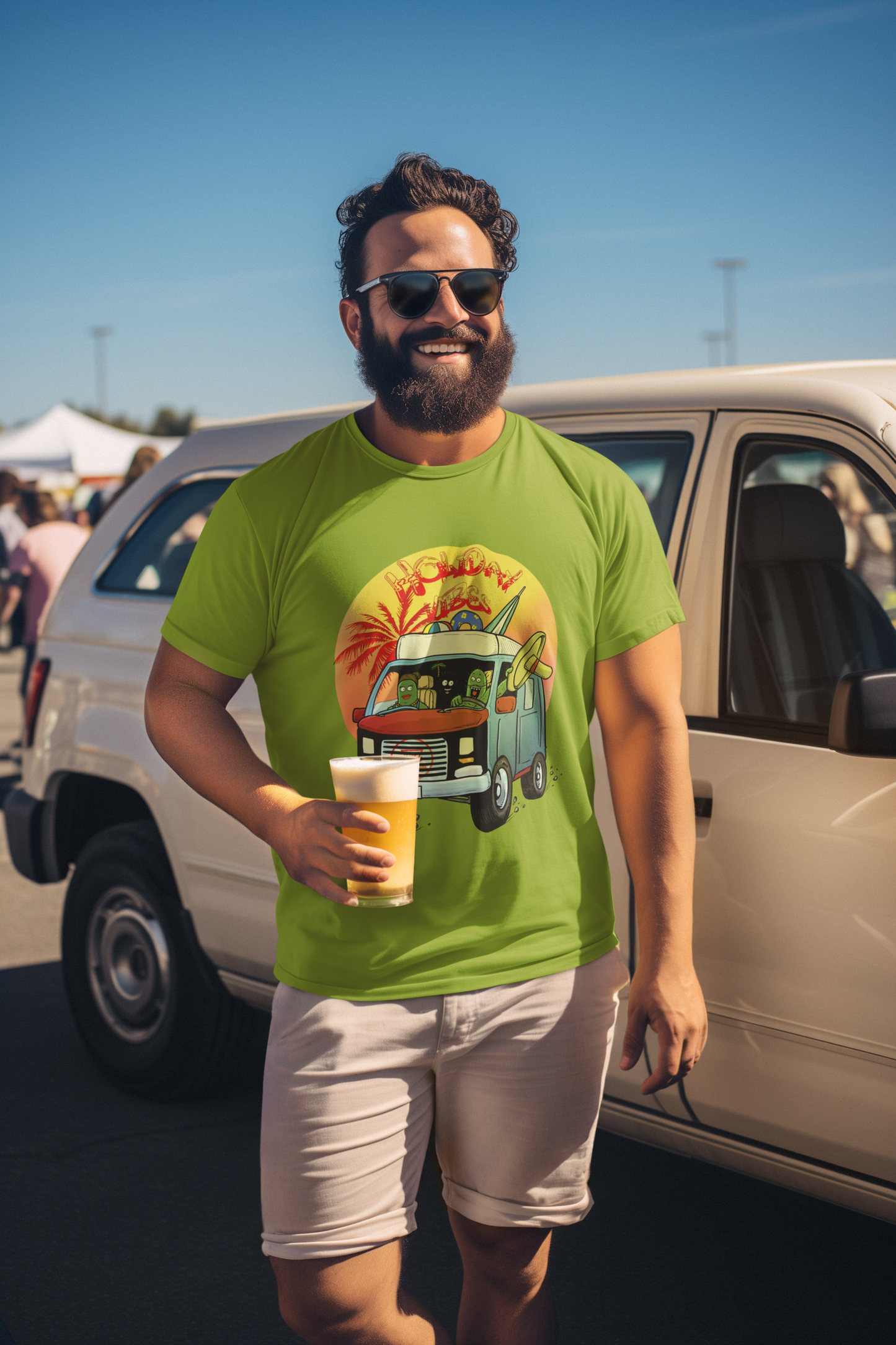 Man wearing a lime green camper van graphic t-shirt with a cartoon design