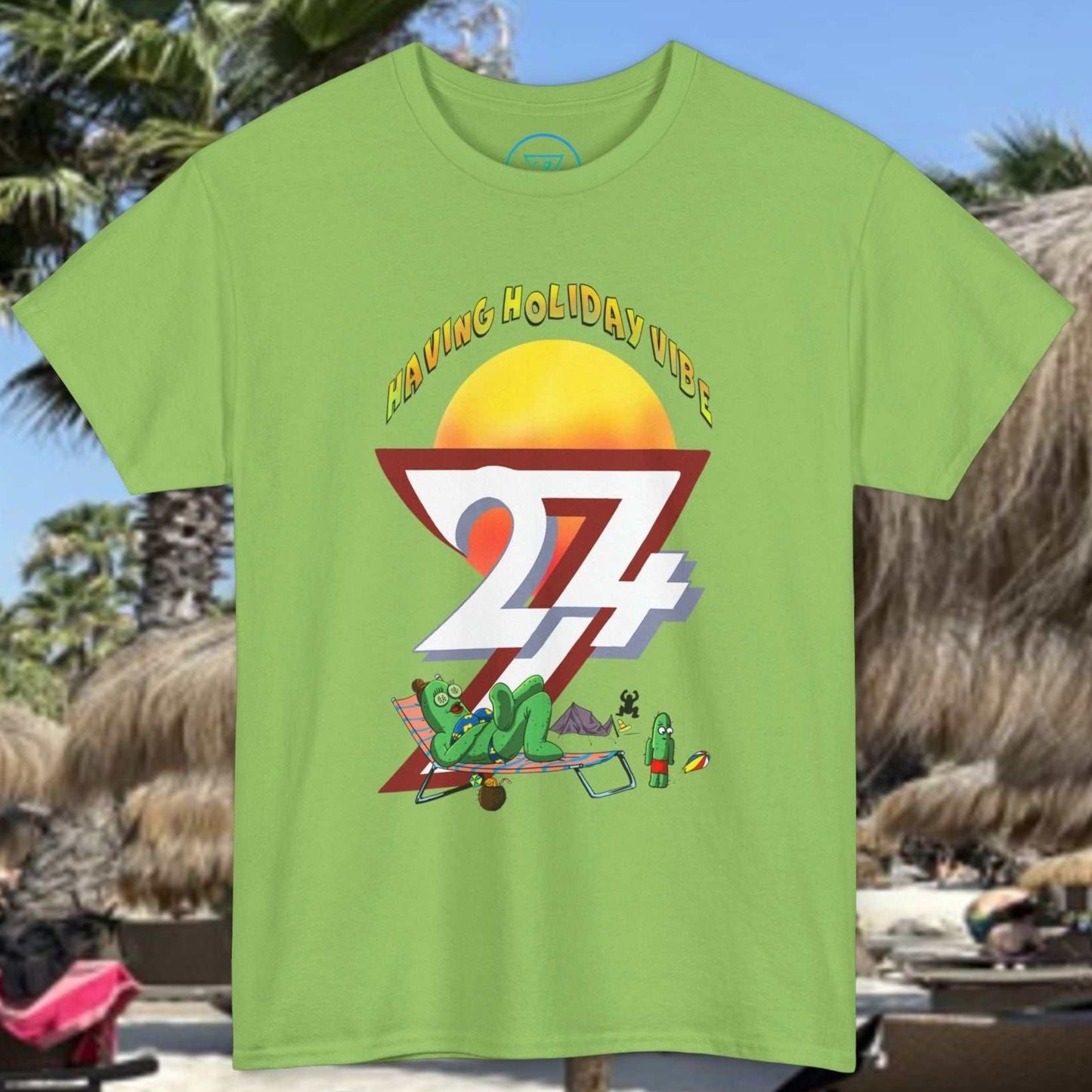 Lime green novelty holiday tee showing a relaxing cactus mom and a confused cactus son.