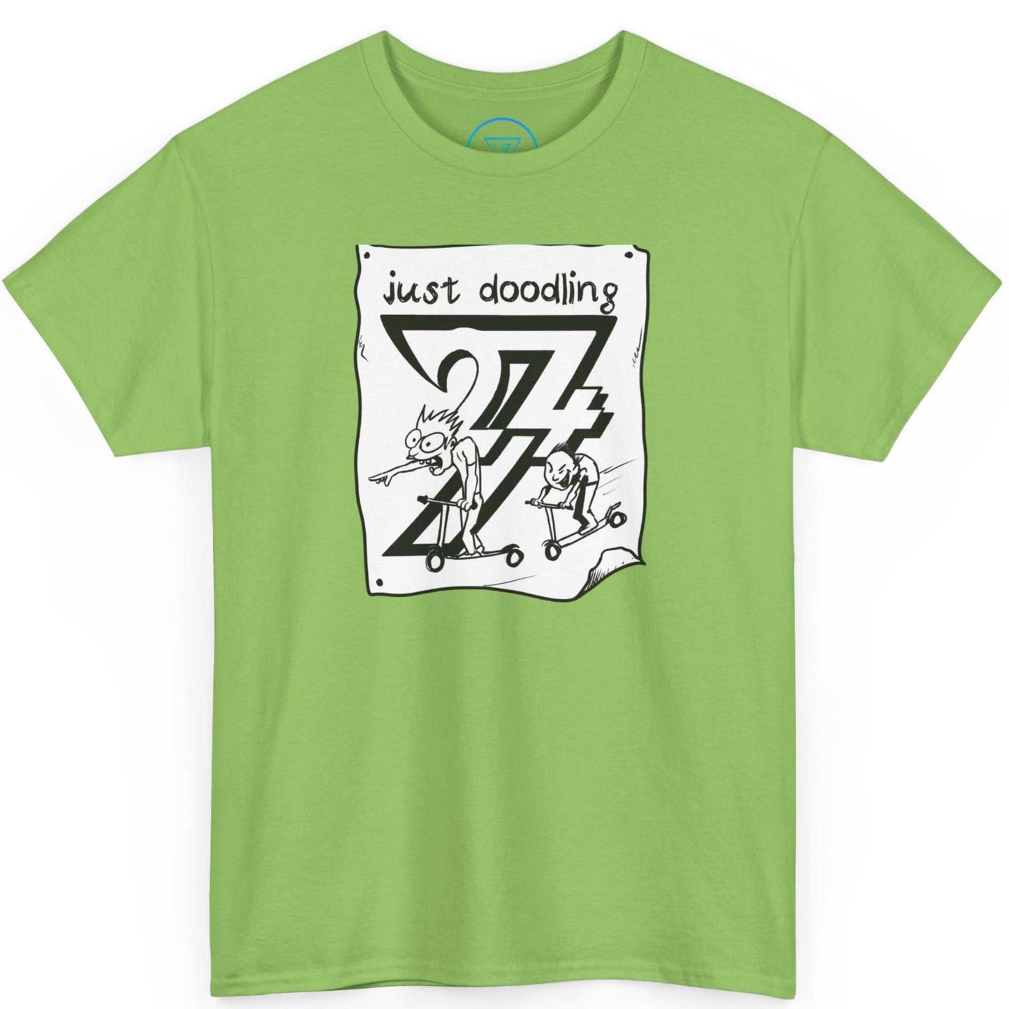 Bright lime green casual streetwear top displaying the fun just doodling graphic, shown on a clean background.