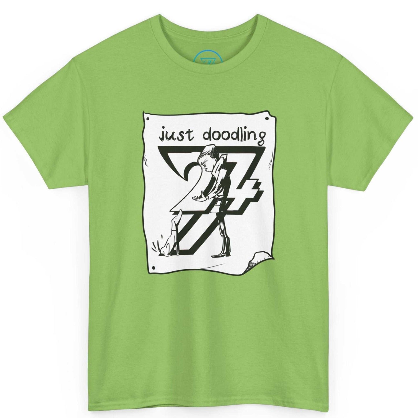 Bright lime green doodle art pet shirt displaying the fun just doodling graphic, shown on a clean background.