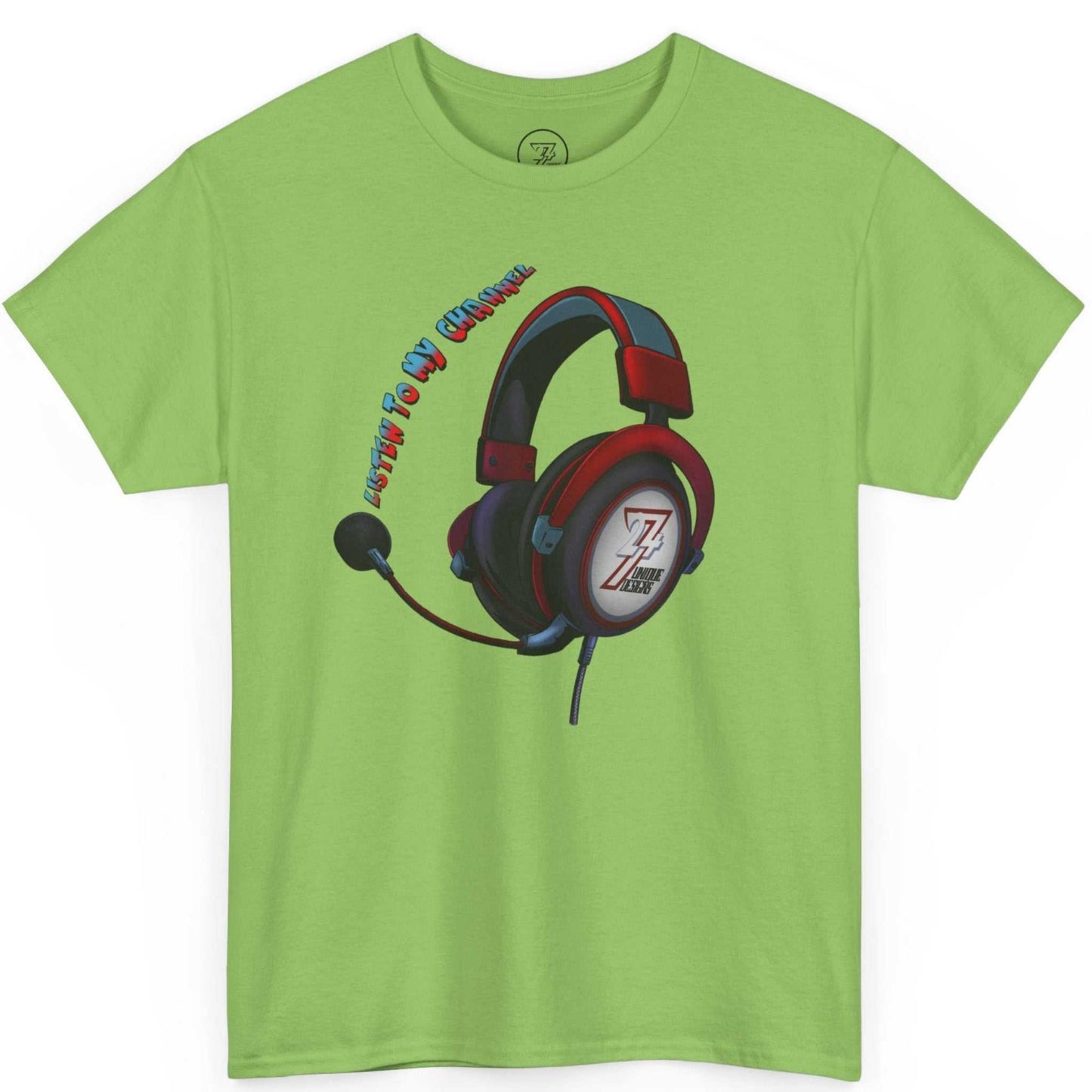 Lime green Twitch streamer gift tee highlighting the vibrant digital illustration, laid flat.