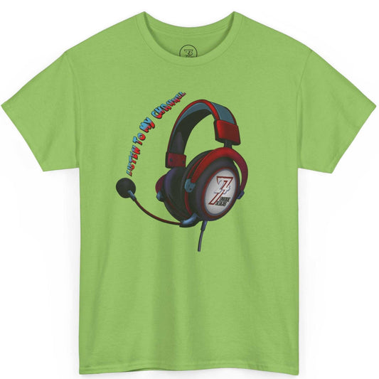 Lime green Twitch streamer gift tee highlighting the vibrant digital illustration, laid flat.