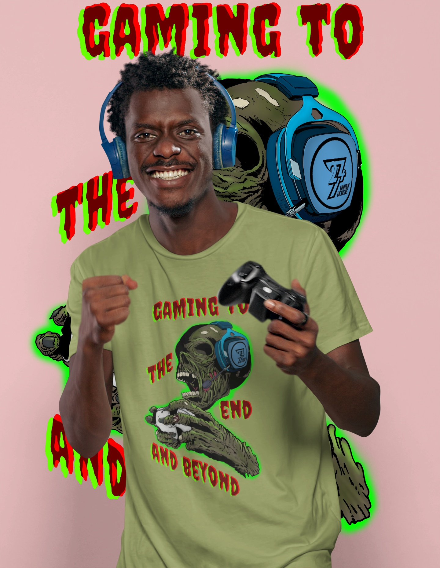Male model wearing the army green gamer graphic t-shirt
